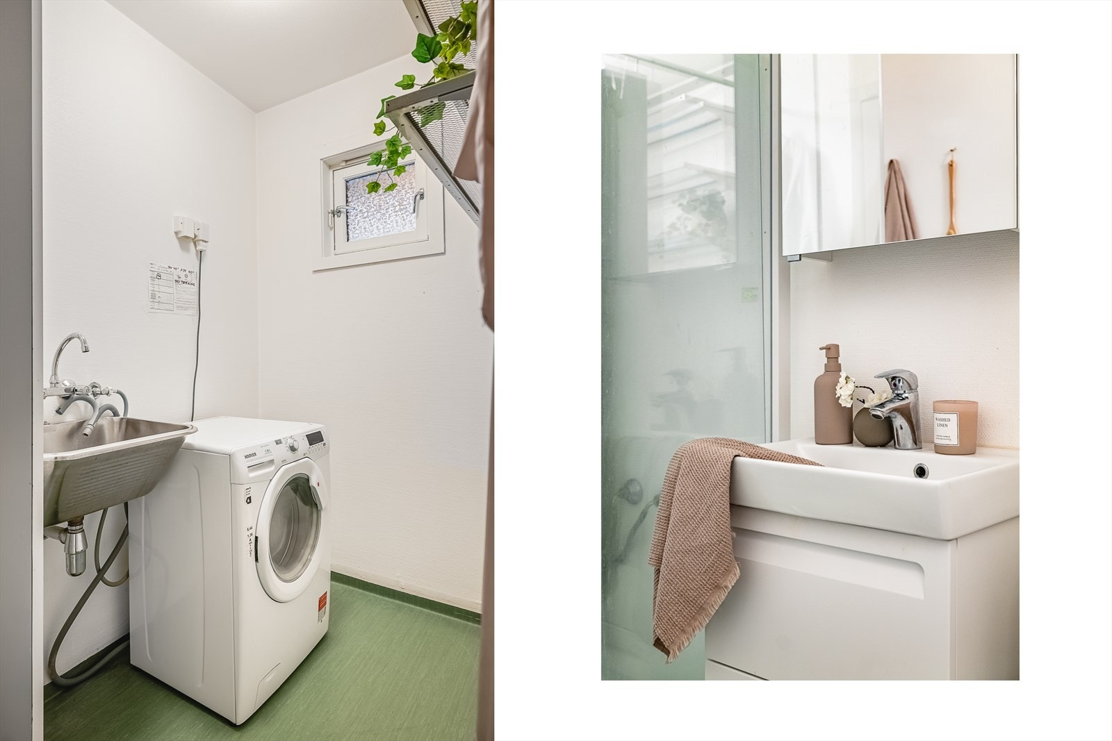 Vaskeromsdelen er utstyrt med utslagsvask, opplegg for vaskemaskin og tørkeovn. Galleribilde