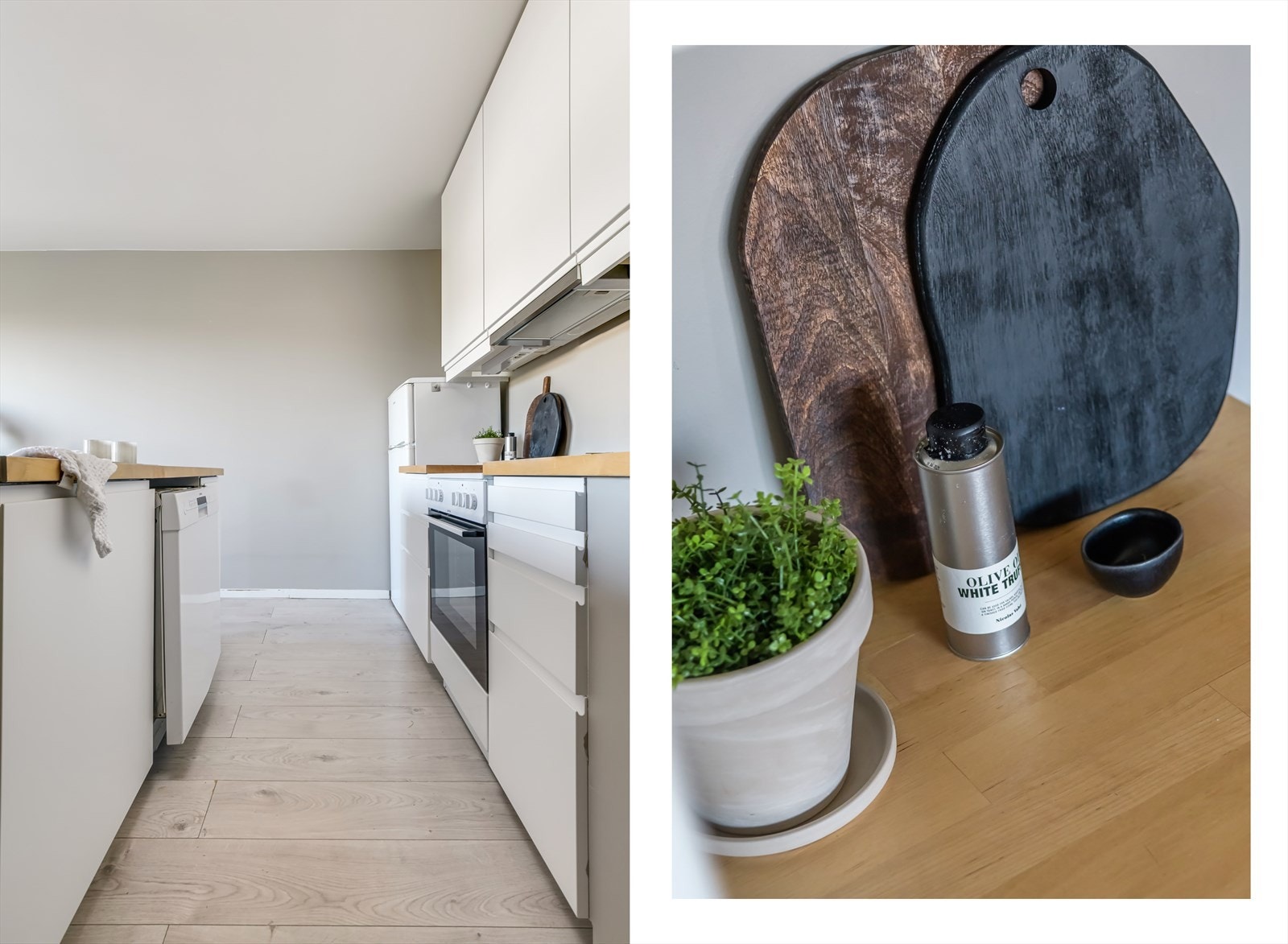 Kjøkkenet har heltre benkeplate. Takstmann kommenterer at det er noen skader på innredningen og oppvaskmaskinen er ikke fastmontert. Galleribilde