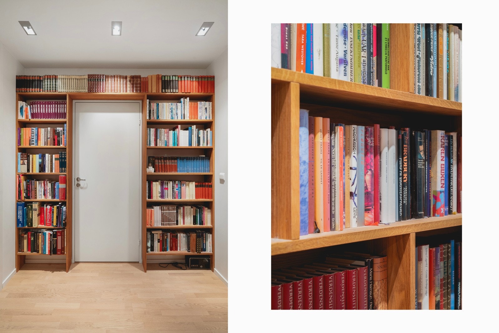 Flotte, plassbygde bokhyller langs veggen i gangen. Galleribilde