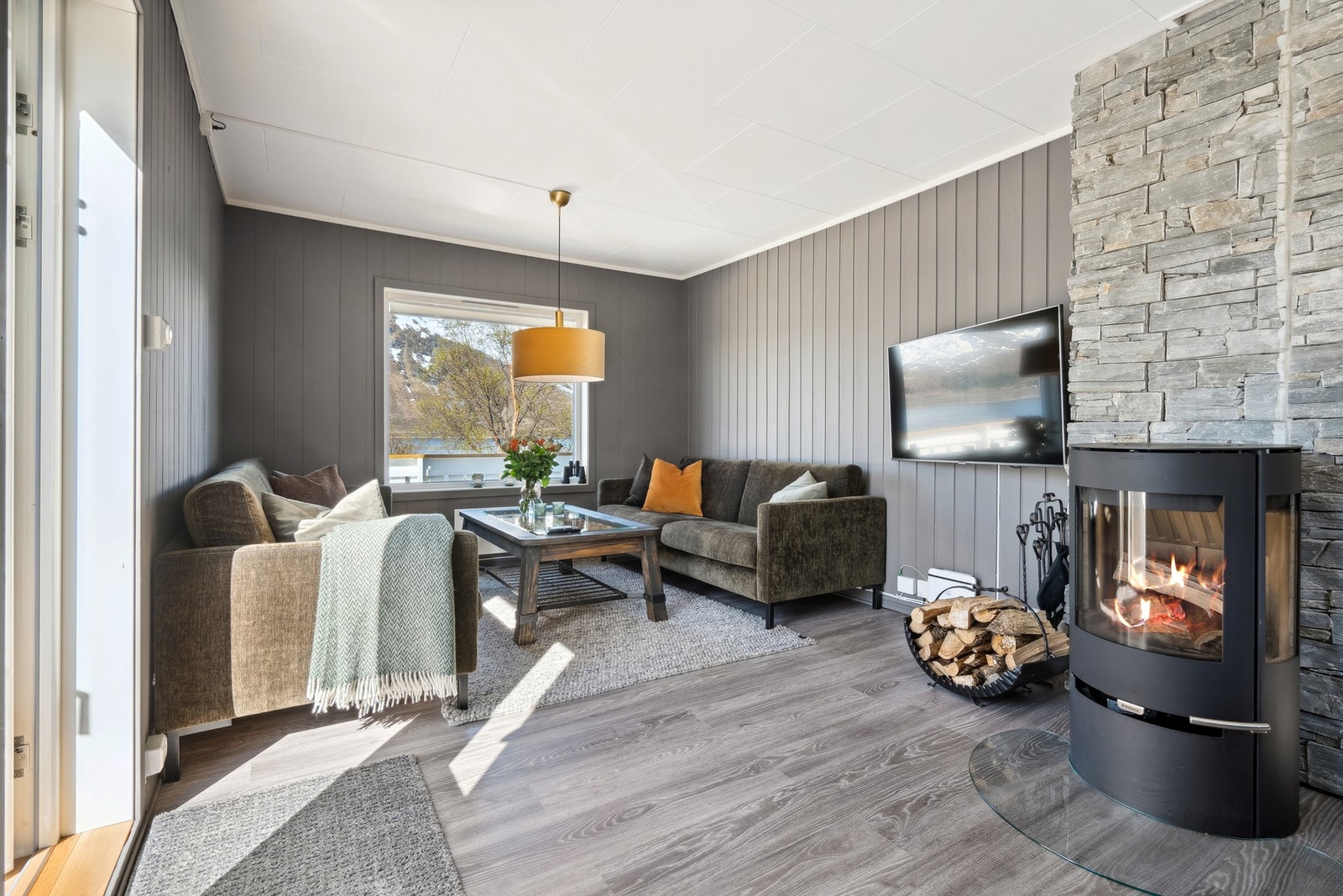 Del av stuen med vedovn og vakker utsikt Galleribilde