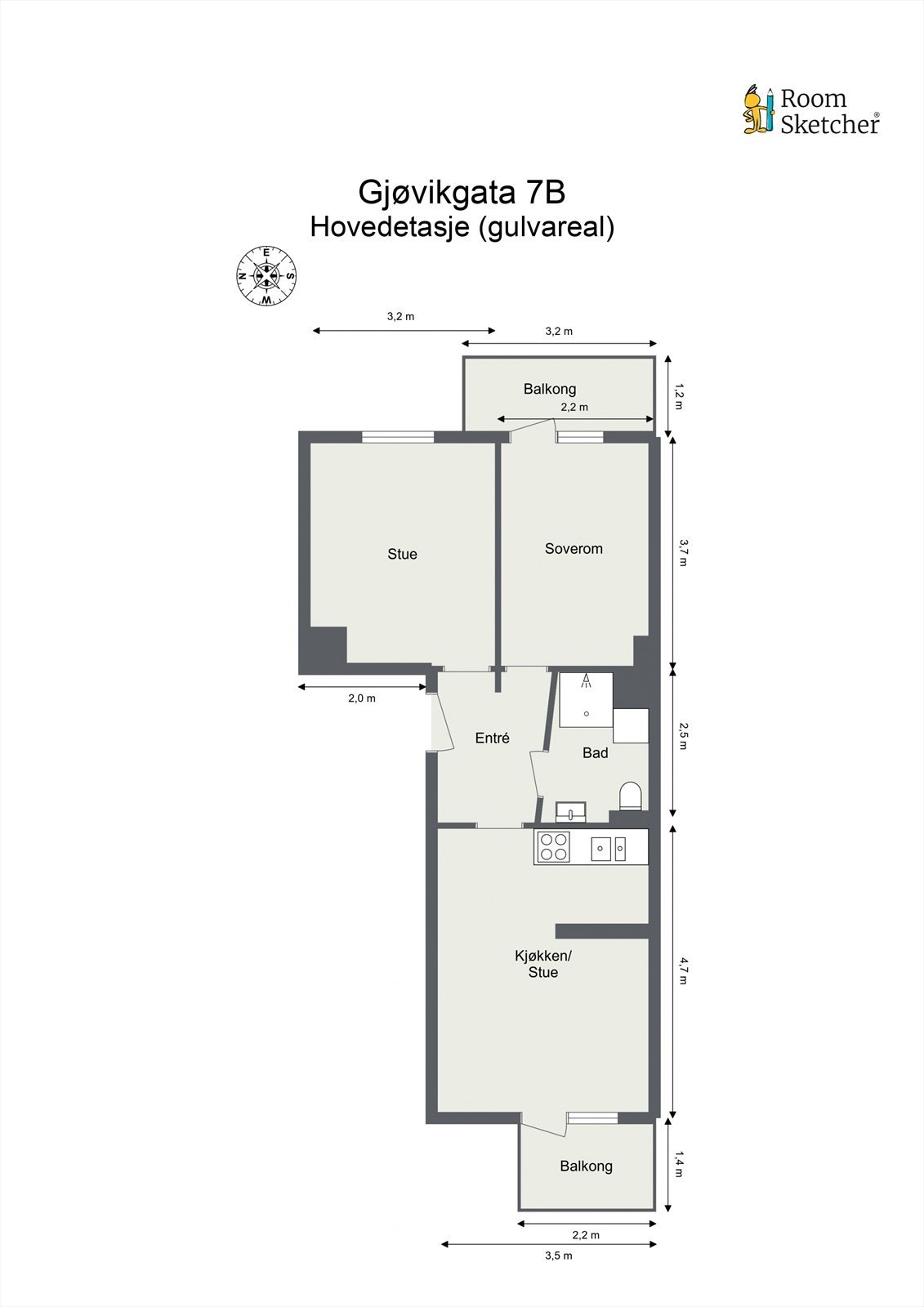 Planskisse. Det medfølger også en bod i kjeller, samt en i loft. Galleribilde