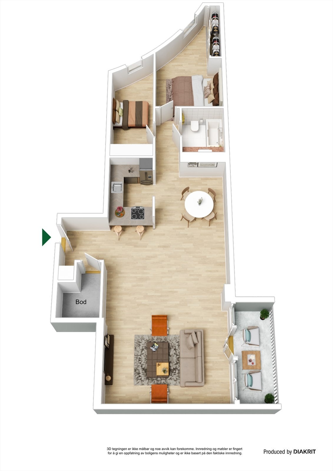 3D skisse. Leiligheten ligger i 7. etg. Balkong, heis og garasjeplass m/lader. Galleribilde