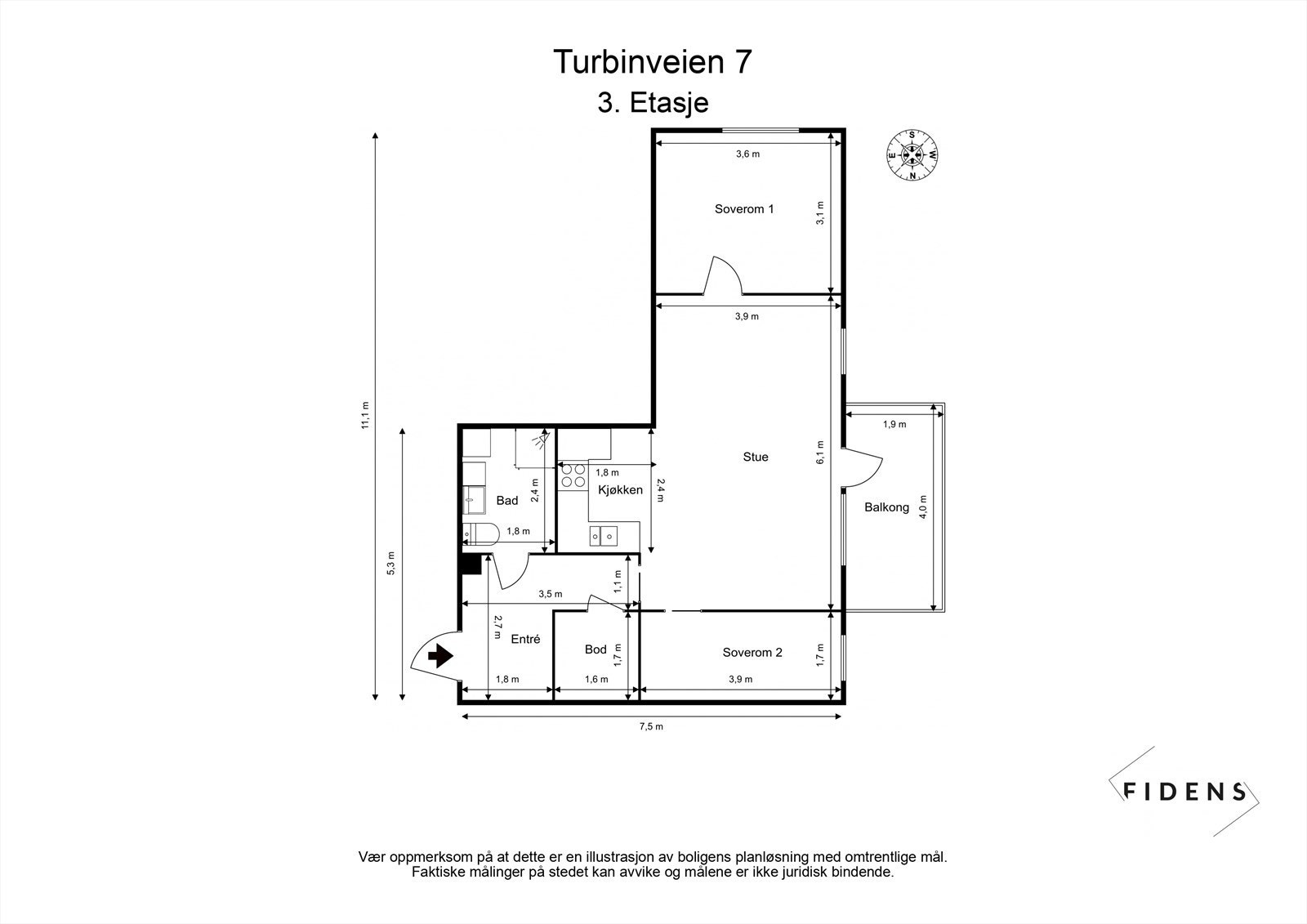 Boligen er på 58 m² og inneholder entré, stue, kjøkken, bad og to soverom Galleribilde