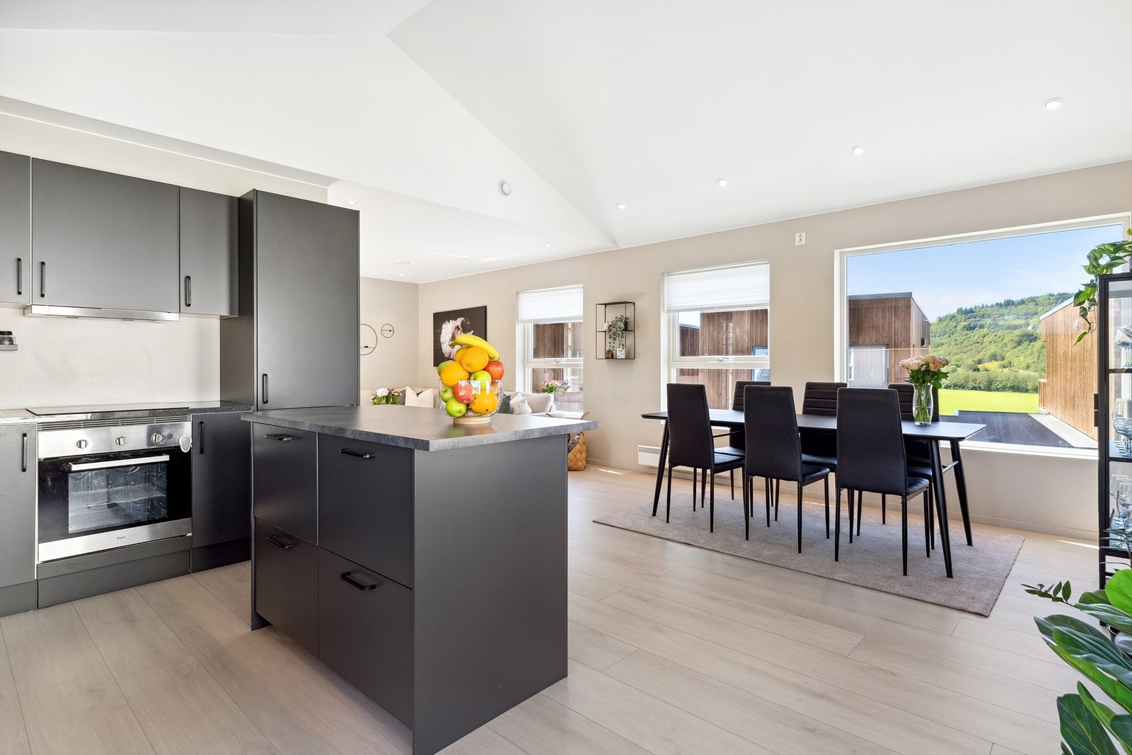 Kjøkkenet er utstyrt med integrerte hvitevarer som oppvaskmaskin, kjøleskap, stekeovn og koketopp. Galleribilde