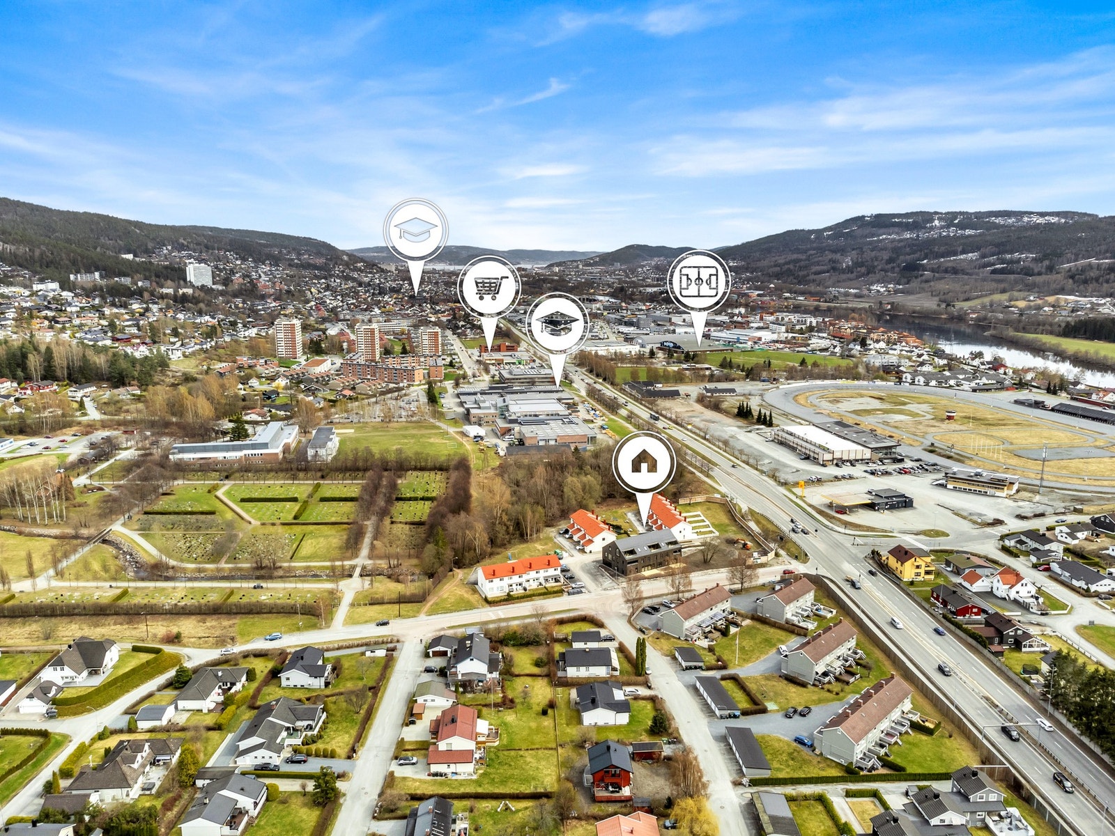 Her finner du butikker, skoler, barnehager, idrettsanlegg, treningssentra osv. Galleribilde