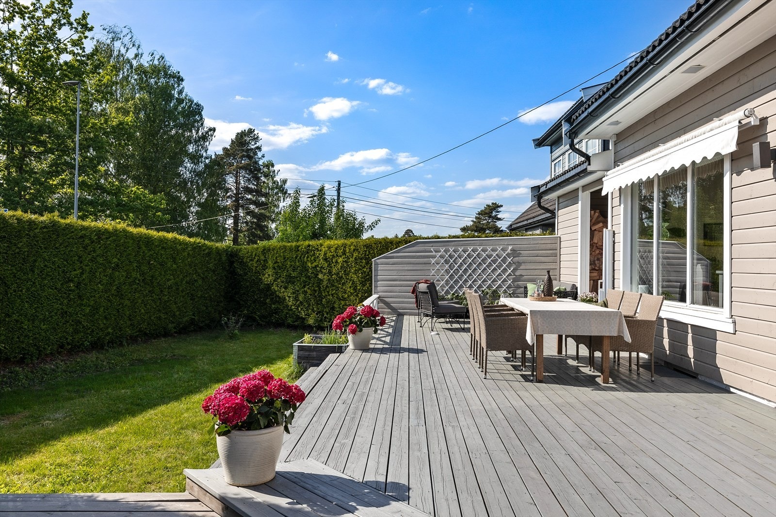 Lun og usjenert terrasse og hage ved inngangspartiet Galleribilde