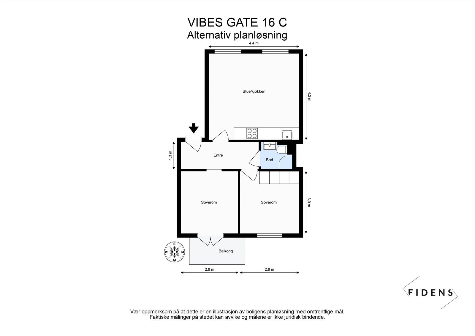 Alternativ plantegning. Det antas mulig å flytte kjøkkenet ut i stuen ved behov for et rom til. Andre enheter i gården har utført denne endringen, men megler/selger tar ikke ansvar for at det lar seg gjøre Galleribilde