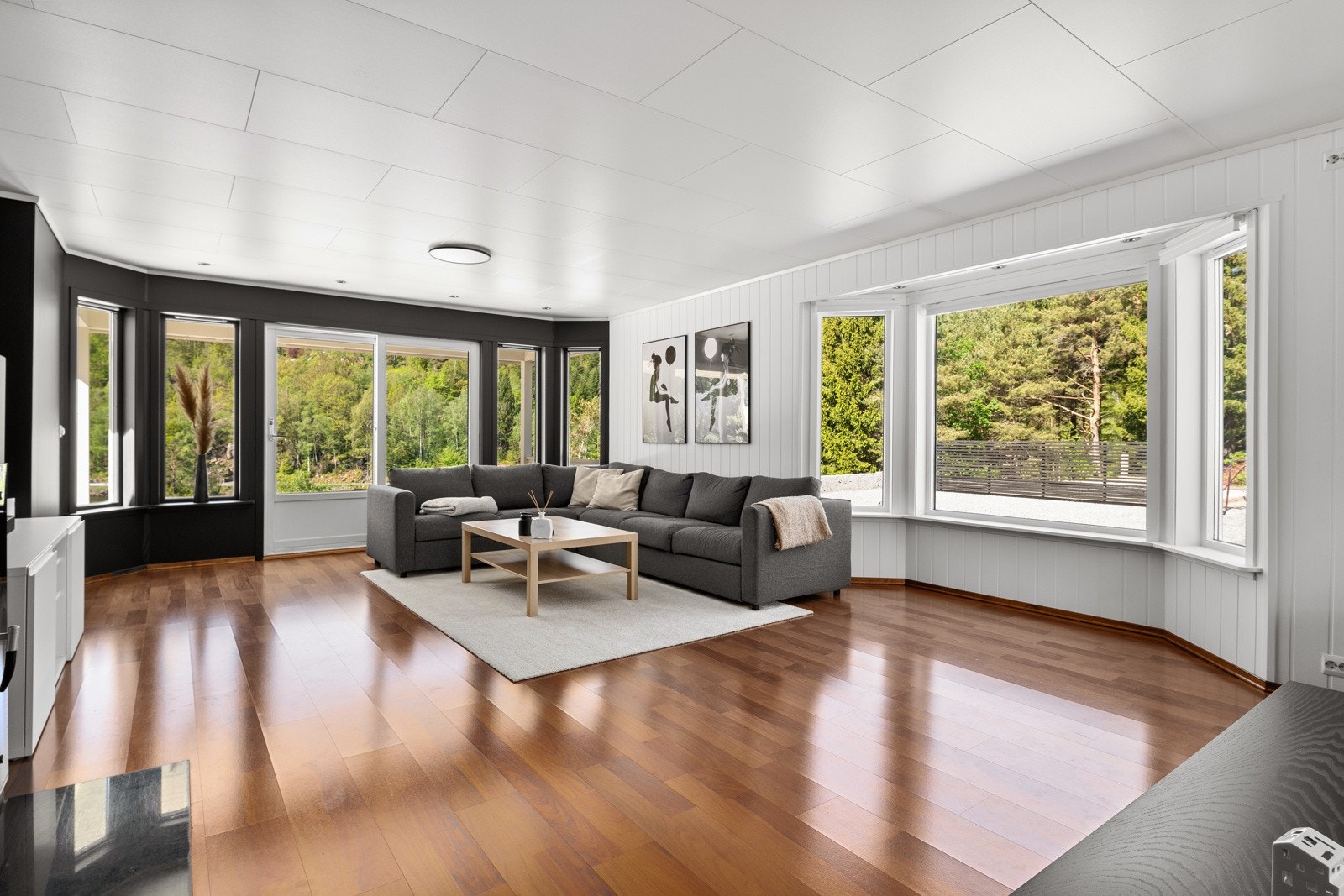 Romslig stue med masse vinduer som slipper inn rikelig med natur fra utsiden. Galleribilde
