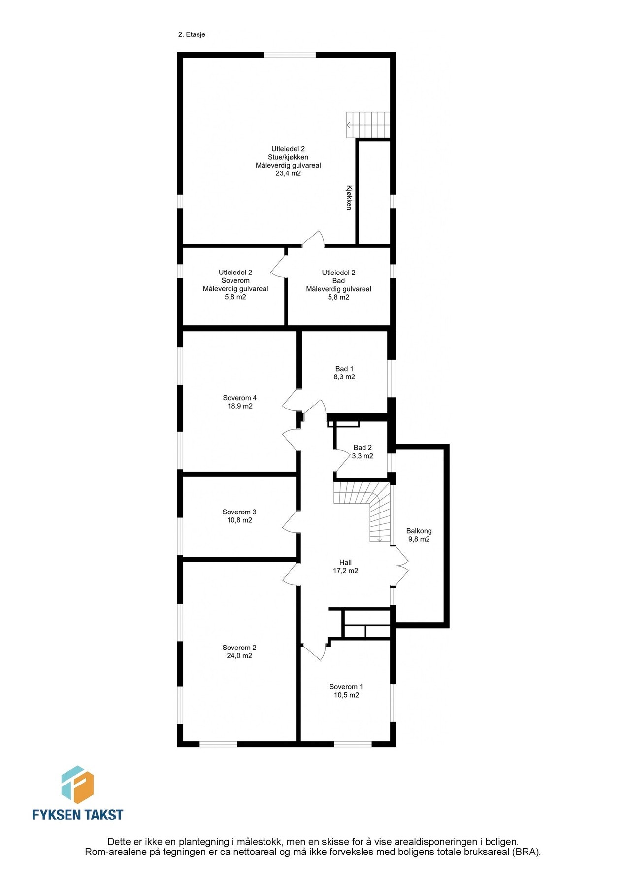 Hoveddelens 2. etasje inneholder en hall med utgang til balkong, 4 soverom og to bad. Galleribilde