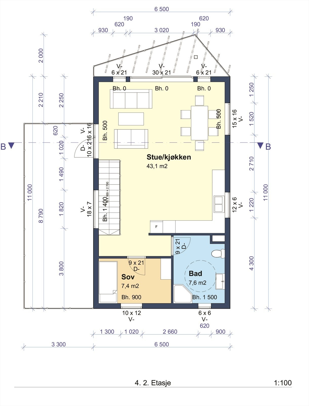 Plantegning 2.etasje (NB! det er valgt å ikke ha soverom i 2.etasje for et større stueareal) Galleribilde
