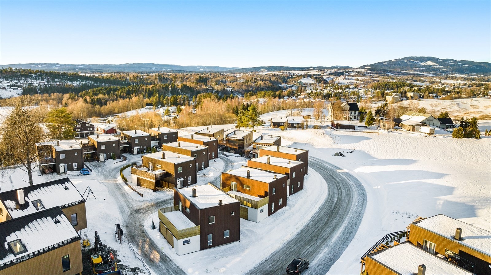 Dronebilde av det nye boligfeltet Galleribilde