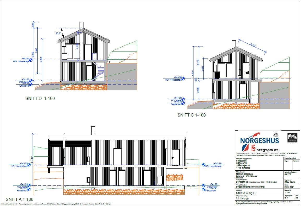 Tegning snitt A, C og D Galleribilde