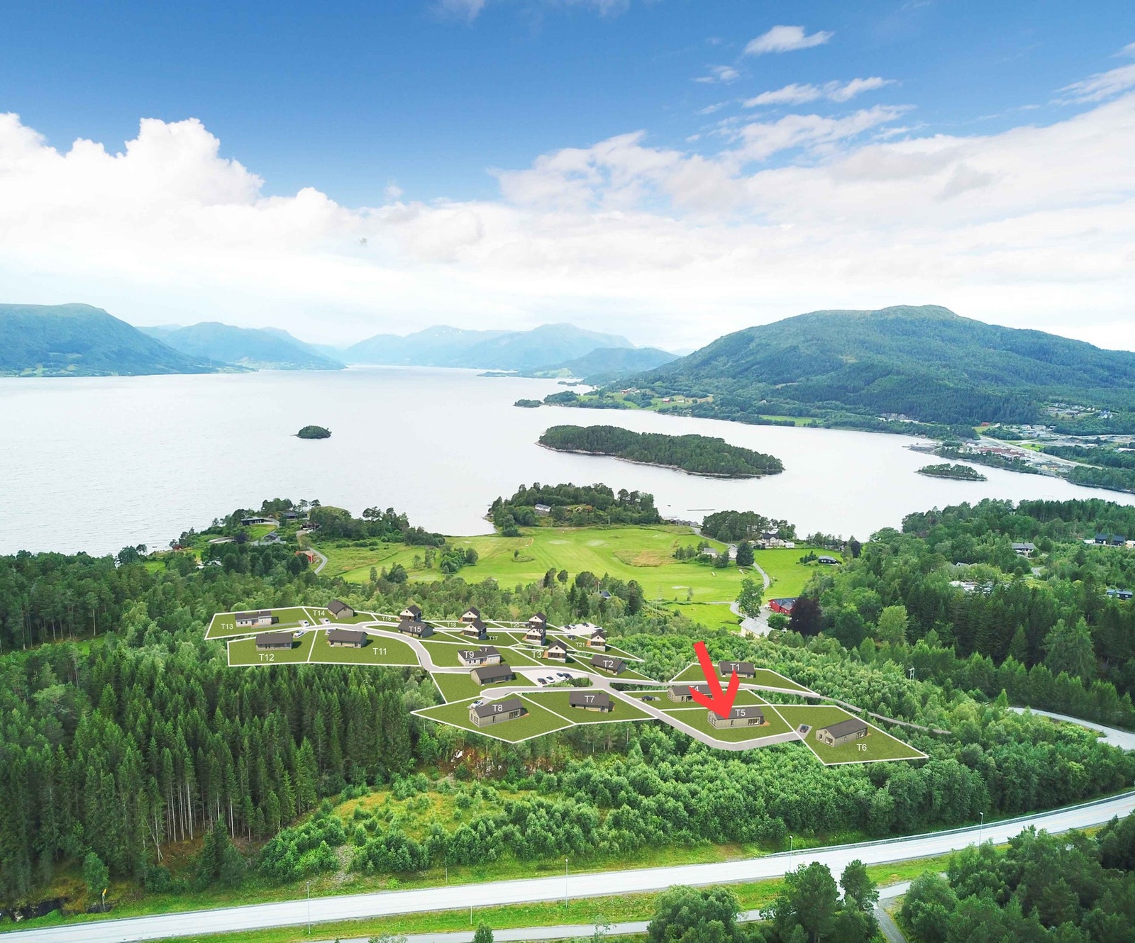 Flott beliggende tomt!
Dronefoto med tomtene illustrert. Tomt 5 markert. Galleribilde