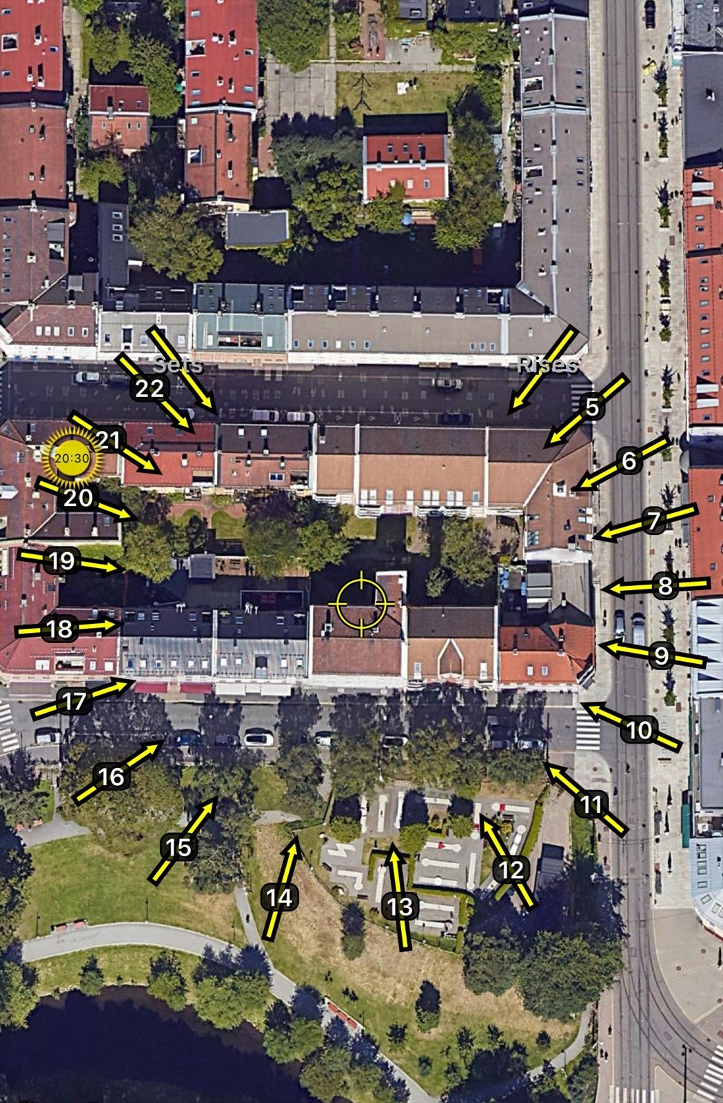 Illustrasjon av solforholdene midtsommers. Sol på balkongen fra ca. kl. 18:00-20:30. Galleribilde