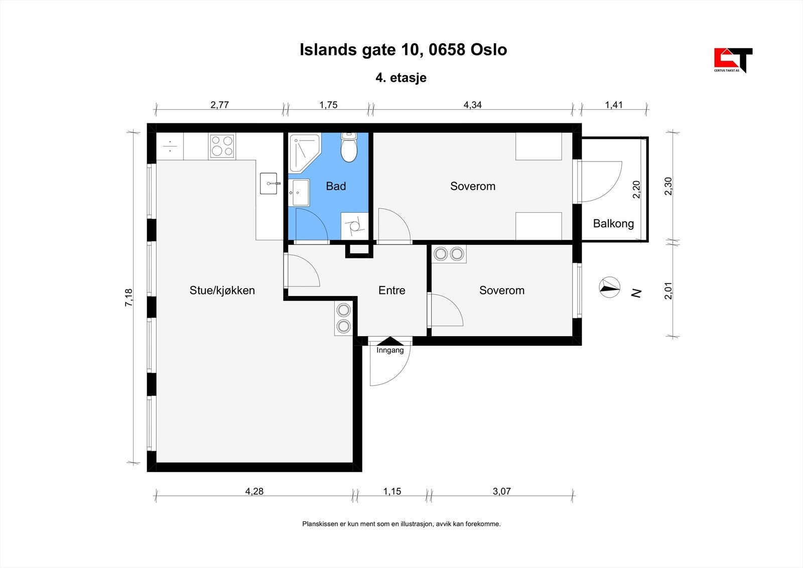 Leiligheten ligger i 4. etasje og inneholder: Entré, stue/kjøkken, bad og 2 soverom Galleribilde
