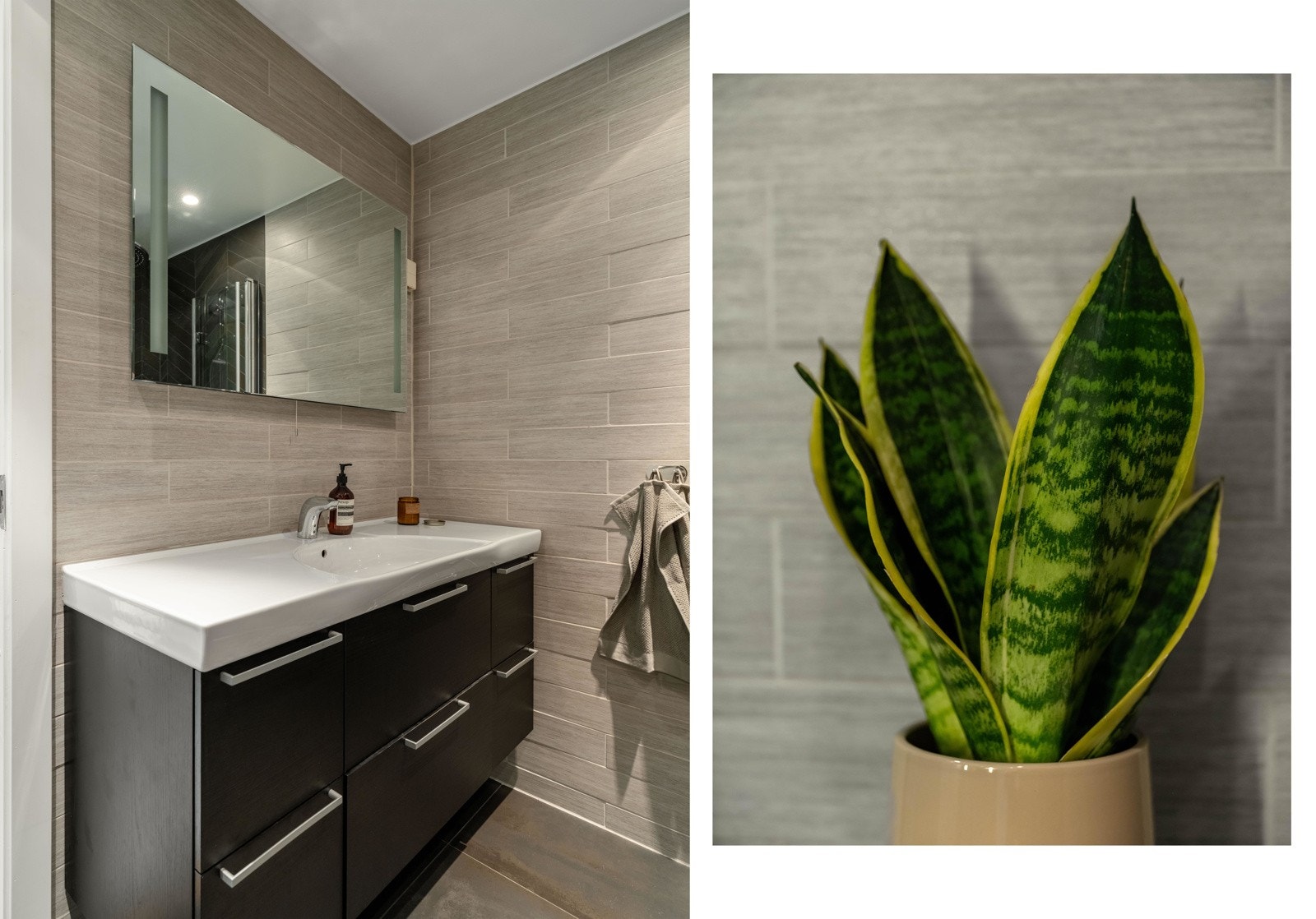 Armaturet på vasken har innebygd sensor og det er mye lagringsplass i servantskapet. I gulvet er det lune varmekabler og downlights i tak for god belysning. Galleribilde