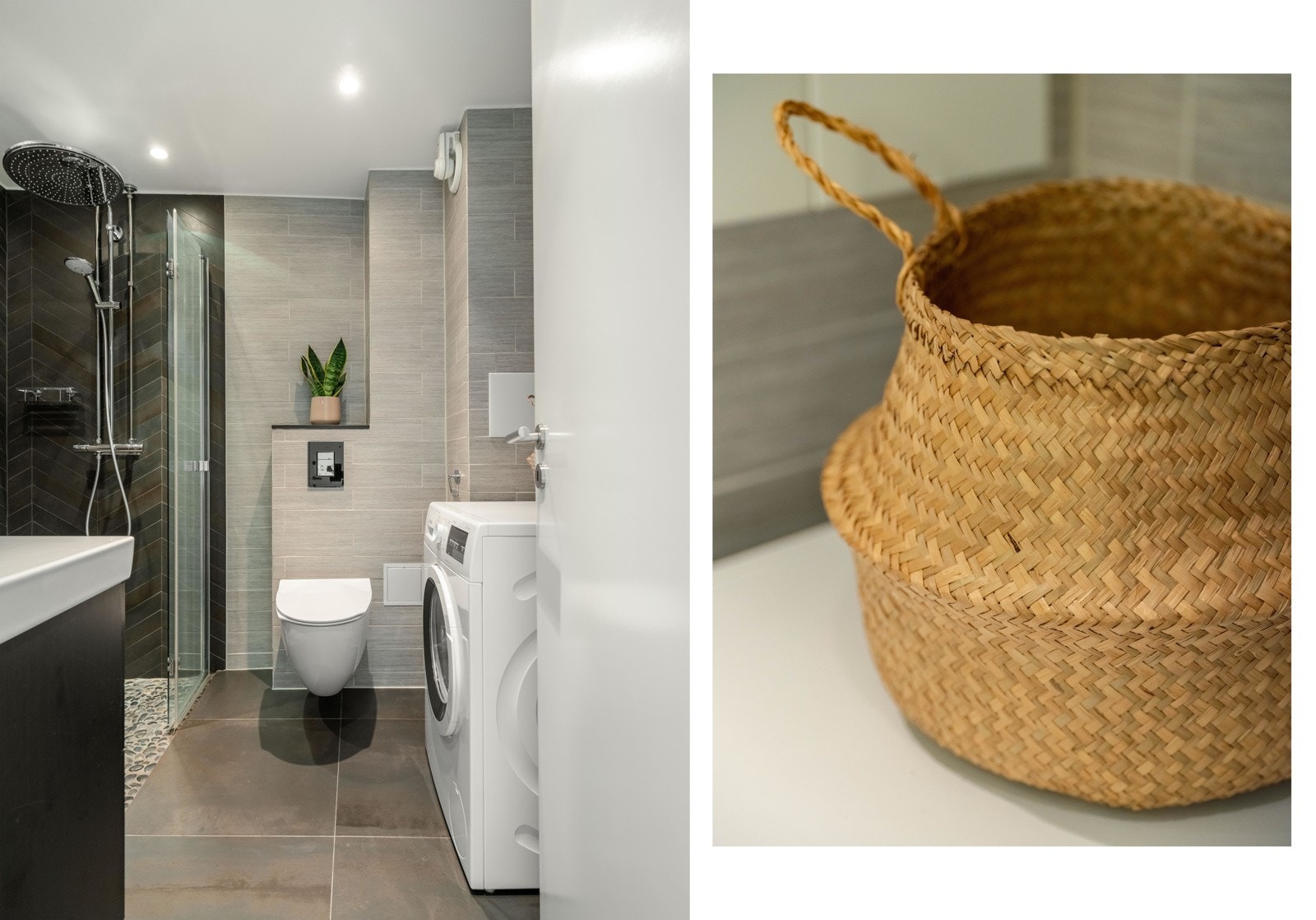 Badet er innbydende med fliser på vegger og gulv. Det er plass til vaskemaskin, tørketrommel og varmtvannstank i egen nisje til høyre i bildet. Galleribilde