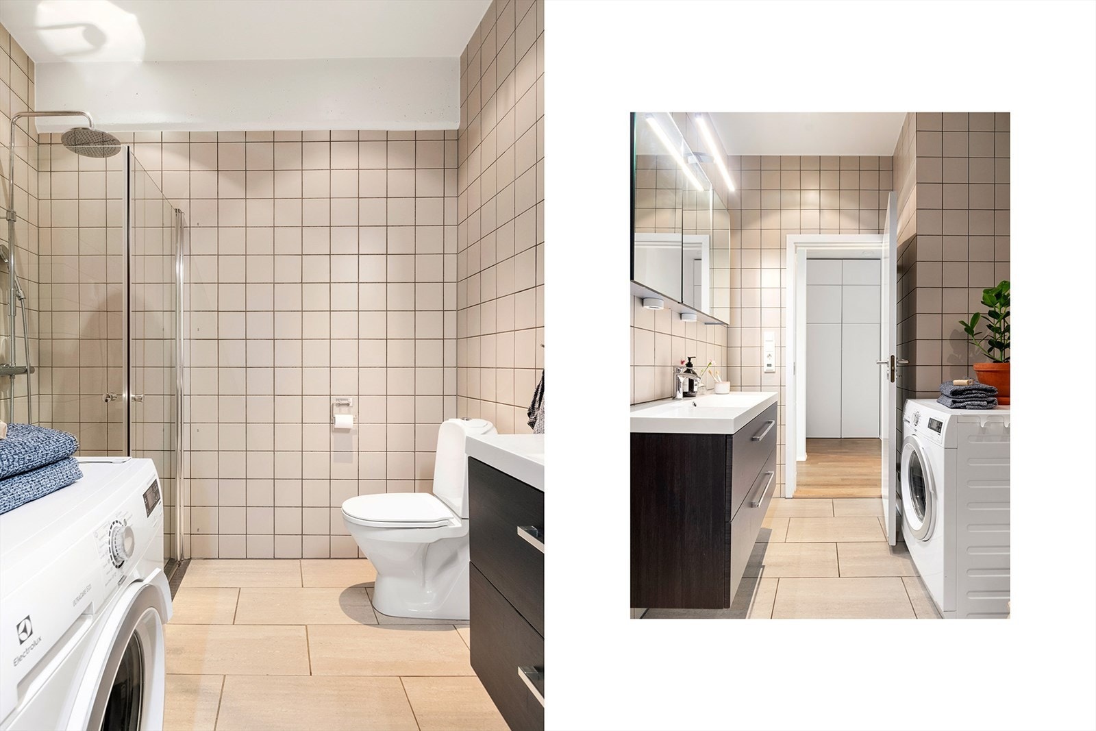 Badet er utstyrt med innredning som inkluderer et servantskap og en heldekkende servant, dusjhjørne/dusjnisje med svingbare glassdører og et gulvstående toalett. I tillegg er det opplegg til vaskemaskin. Galleribilde