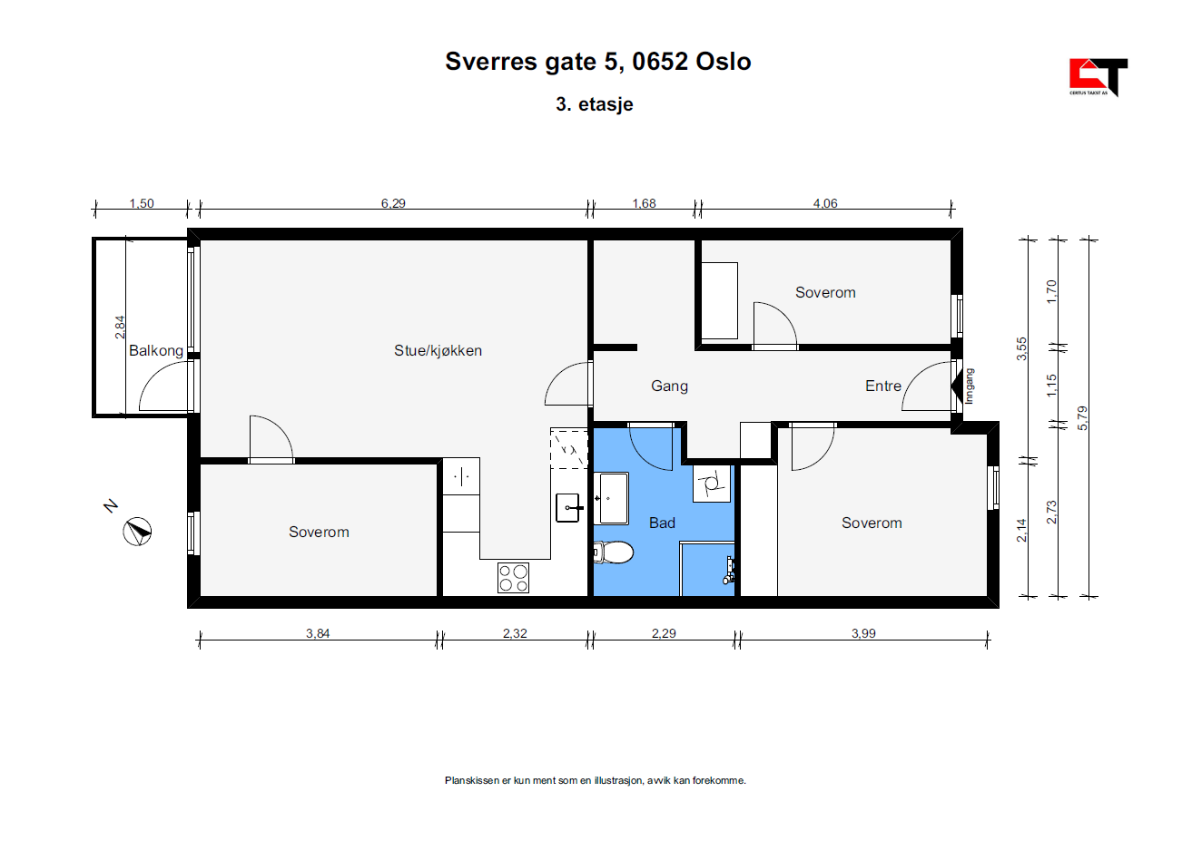 Leiligheten ligger i byggets 3. etasje og inneholder romslig stue, lekkert kjøkken fra 2017, 3 soverom, et bad og en arealeffektiv entré. Galleribilde
