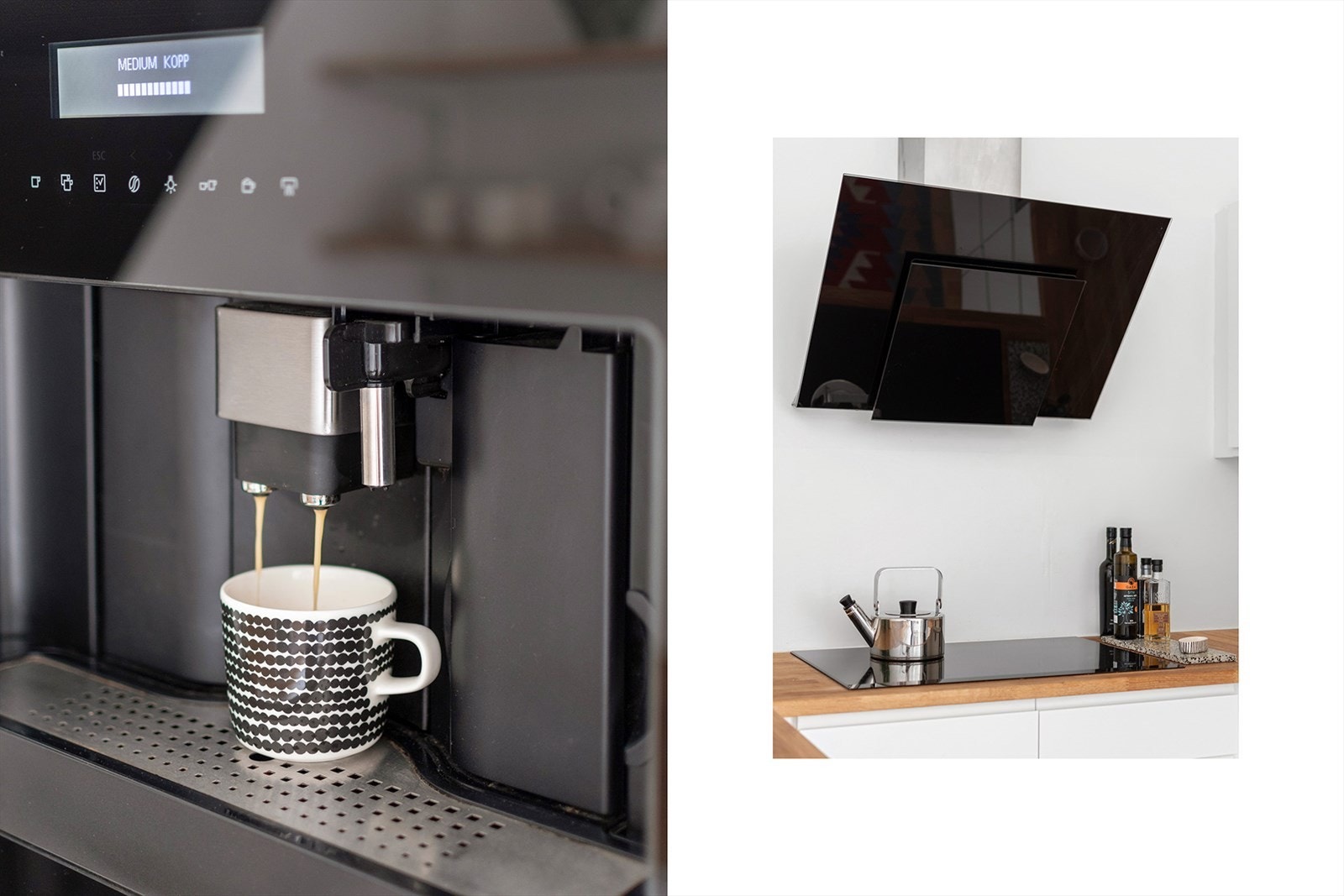 Kjøkkenet har rikelig med skap- og benkeplass, og er utstyrt med integrerte hvitevarer som platetopp, oppvaskmaskin, stekeovn, kaffemaskin og kombinert kjøle- og fryseskap. Galleribilde