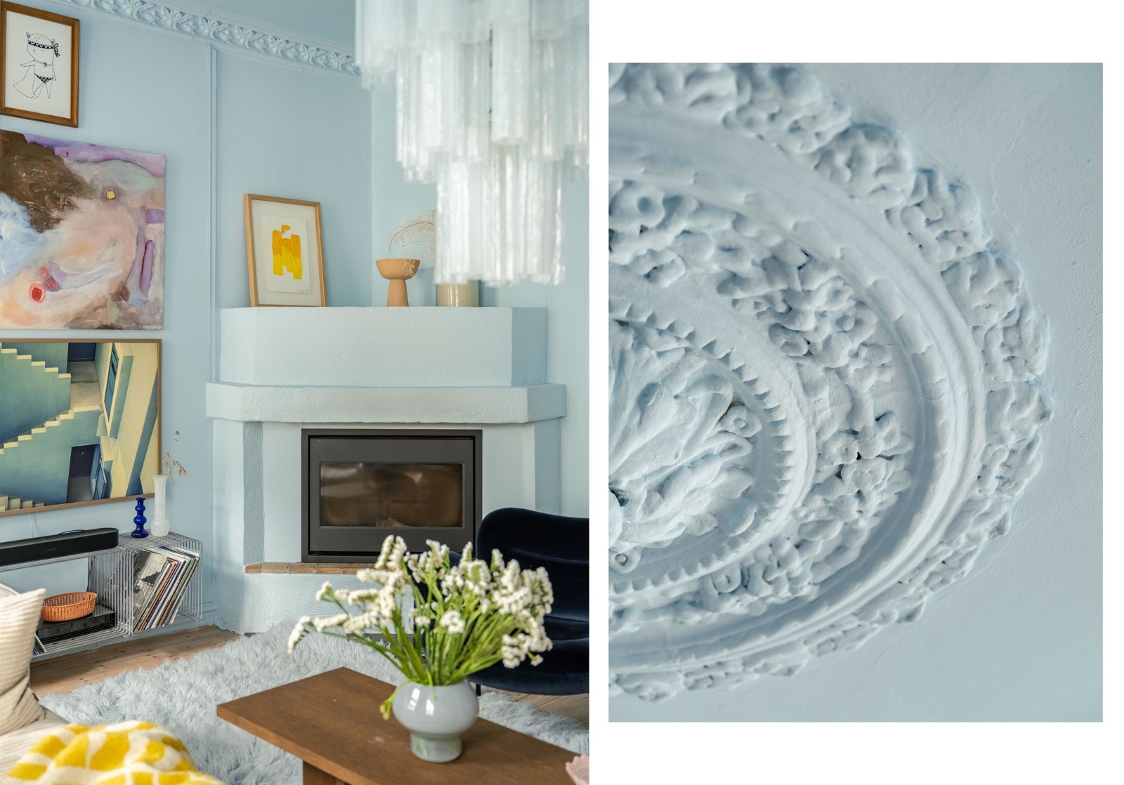 Ettersom boligen er fra slutten av 1800-tallet, finner vi flere klassiske detaljer her inne. Nydelig rosett og stukkatur pryder taket. Det er også en koselig peisovn her inne, som varmer like godt som den er pen å se på. Galleribilde