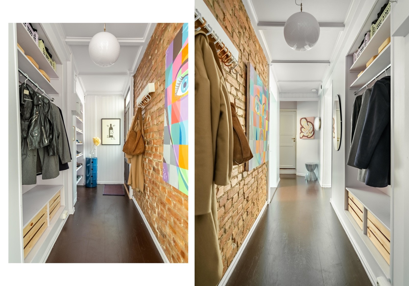 Entreen gir et svært godt førsteinntrykk av boligen. Her er det mengder av plass til oppheng av yttertøy og lagring av sko. Boligen disponerer også to romslige boder. Galleribilde