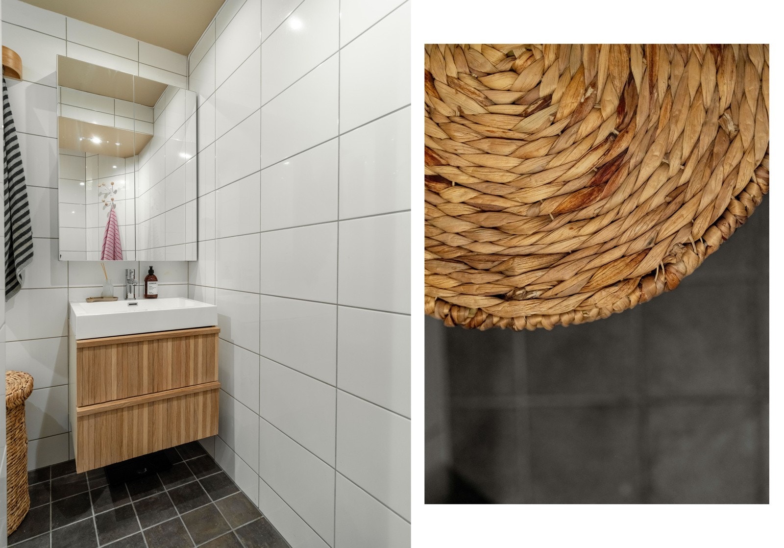 Badet ble pusset opp i regi av tidligere eier i 2011. Det er innredet med vegghengt toalett, servant med skuffinnredning og speilskap. Galleribilde