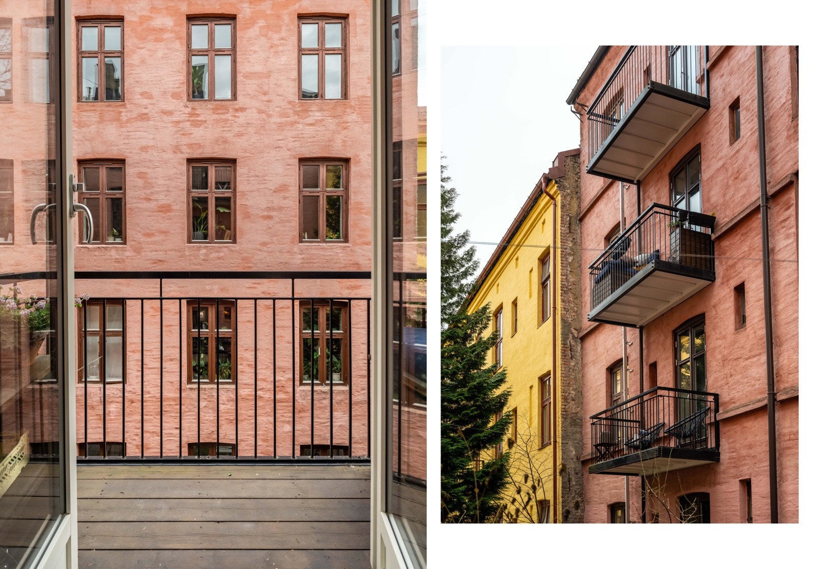 Balkongen vender mot indre gårdsrom. På bildet til høyre ser du balkongen i midten av de tre. Galleribilde