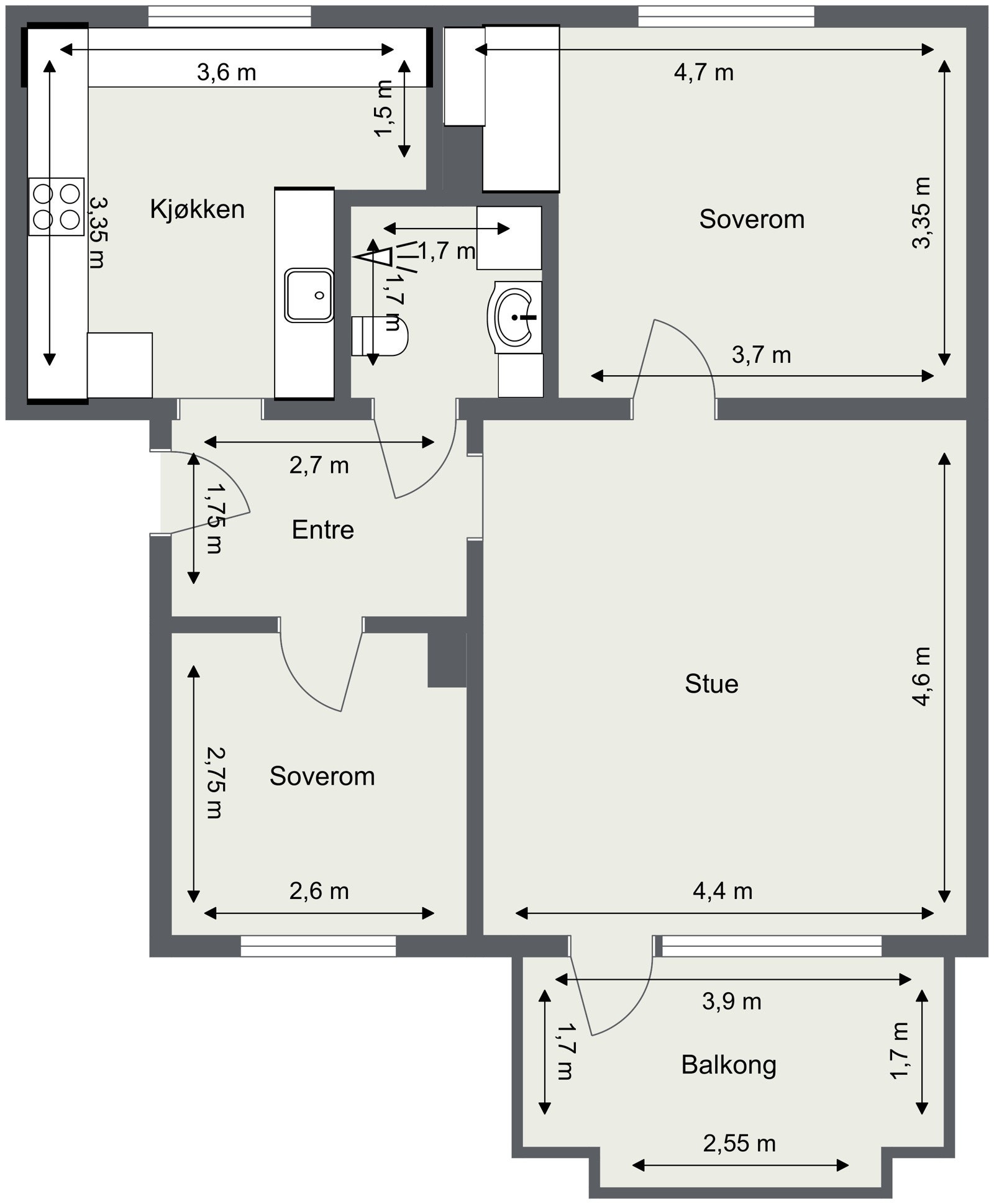Innhold: Entré, bad/wc, kjøkken, 2 soverom og stue. Galleribilde