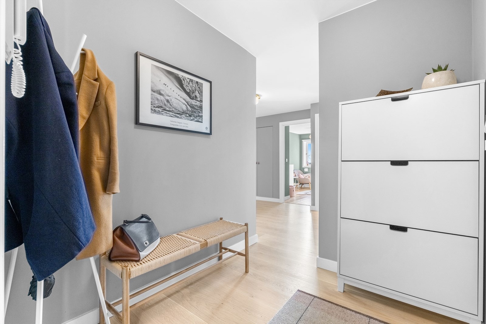 Innbydende entré med plass til entrémøbler og oppbevaring av yttertøy og sko Galleribilde