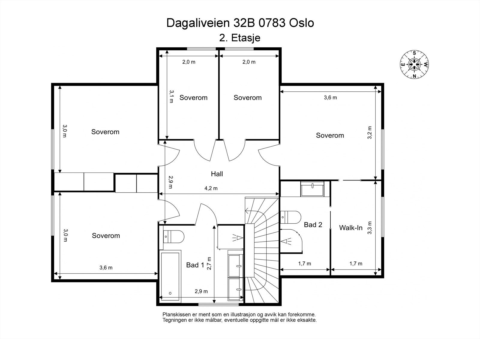 2. etasje. Soveromsavdeling med stort bad, 5 soverom hvor et er master bedroom med walk-in garderobe og eget bad Galleribilde