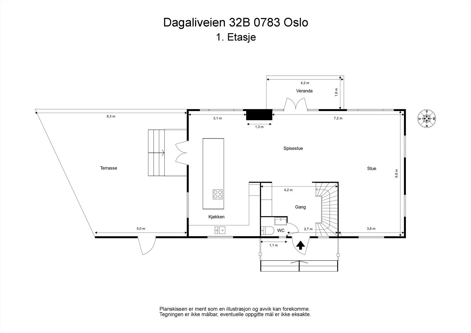 1. etasje. Oppholdsavdeling med stue, spisestue, åpent kjøkken og wc Galleribilde