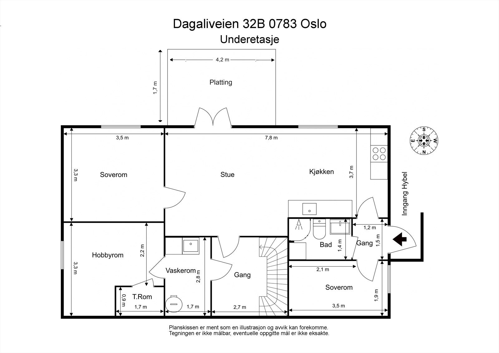 Underetasje. Hybel med egen inngang (Skattefri leieinntekt på kr. 14.500,- pr. mnd.). Samt kontor, vaskerom og teknisk rom Galleribilde