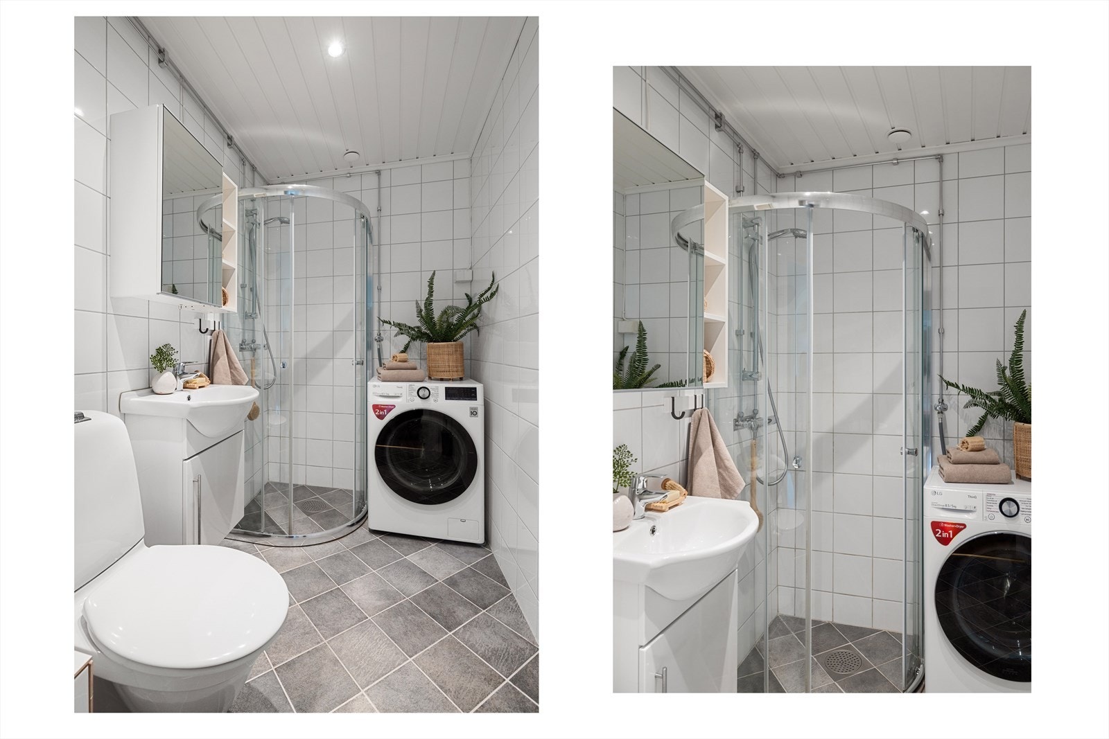 Badet inneholder glatt baderomsinnredning med heldekkende servant nedfelt i
underskap, speilskap, toalett, dusjhjørne m/skyvedører og opplegg for vaskemaskin. Galleribilde