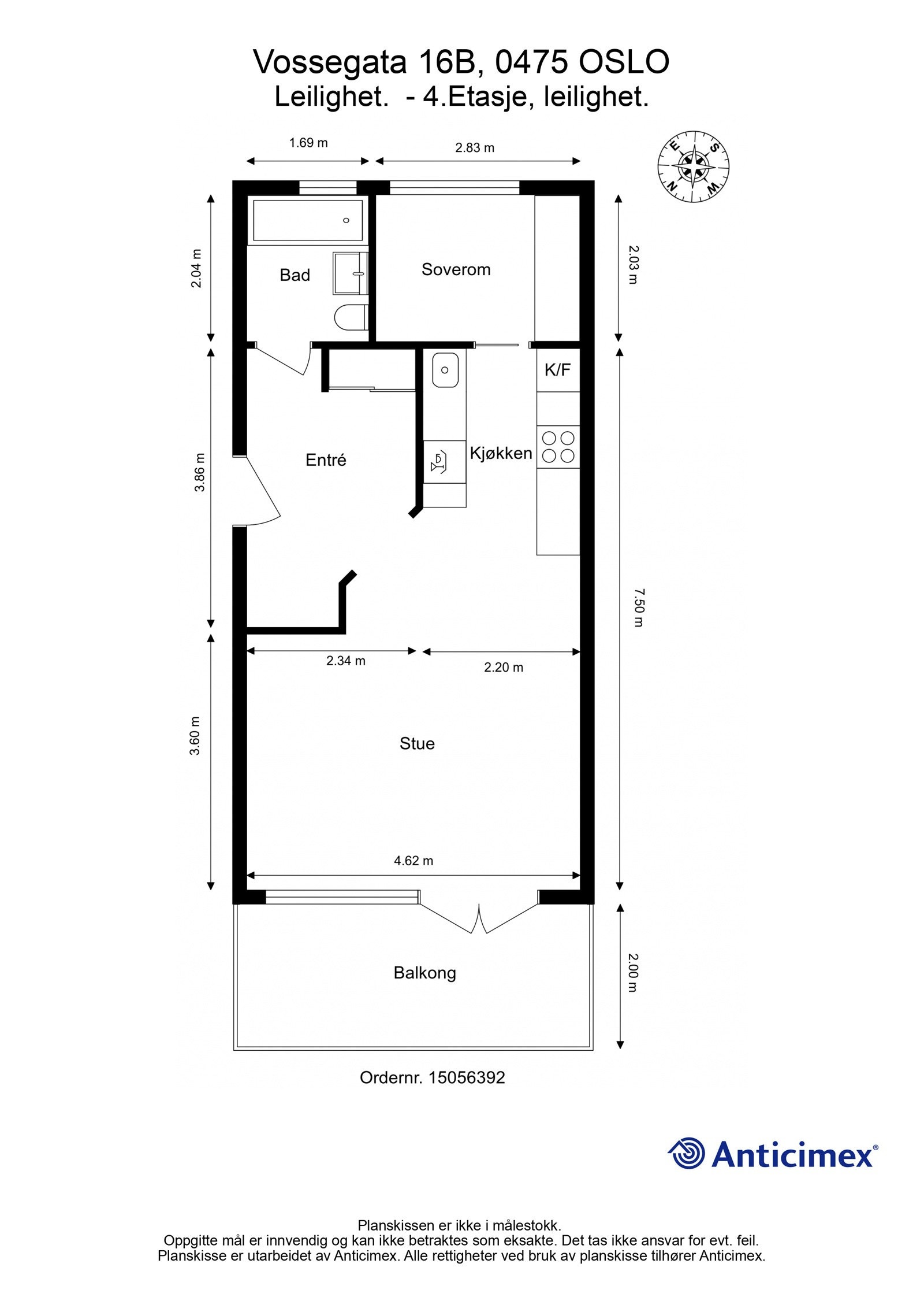Plantegning. I tillegg disponerer leiligheten to kjellerboder på ca. 2m² hver. Galleribilde