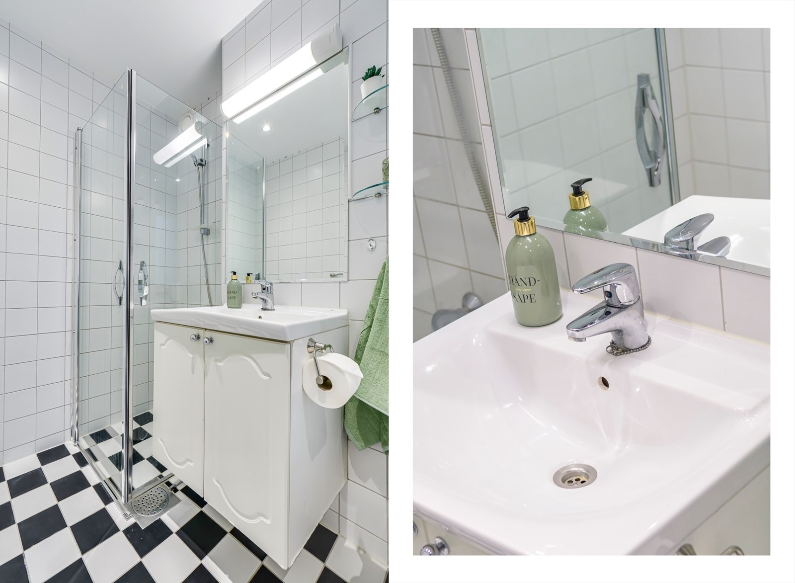 Badet er utstyrt med servantskap, speil, gulvmontert toalett (2017), dusjhjørne med innfellbare dusjdører og opplegg for vaskemaskin. Galleribilde