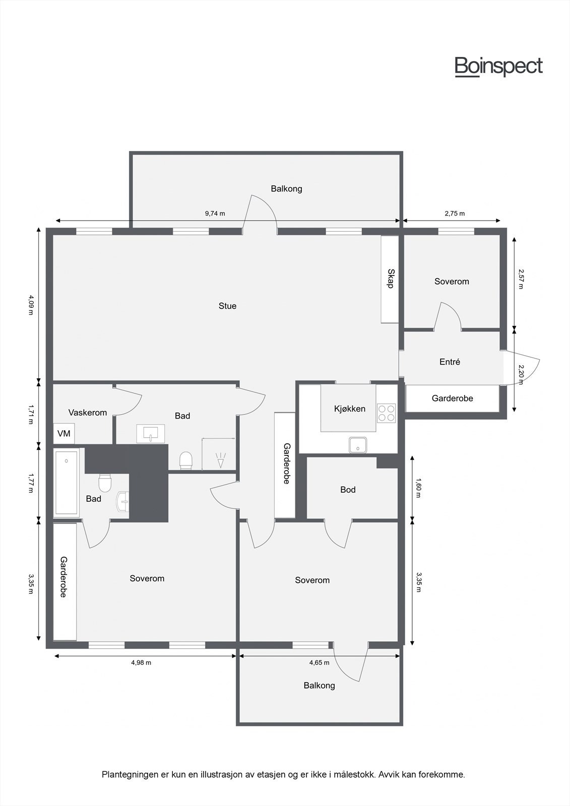 Plantegning. Den gjennomtenkte planløsningen gjør hverdagen enkel og behagelig. Utover dette disponerer leiligheten en ekstern bod i kjelleren. Galleribilde