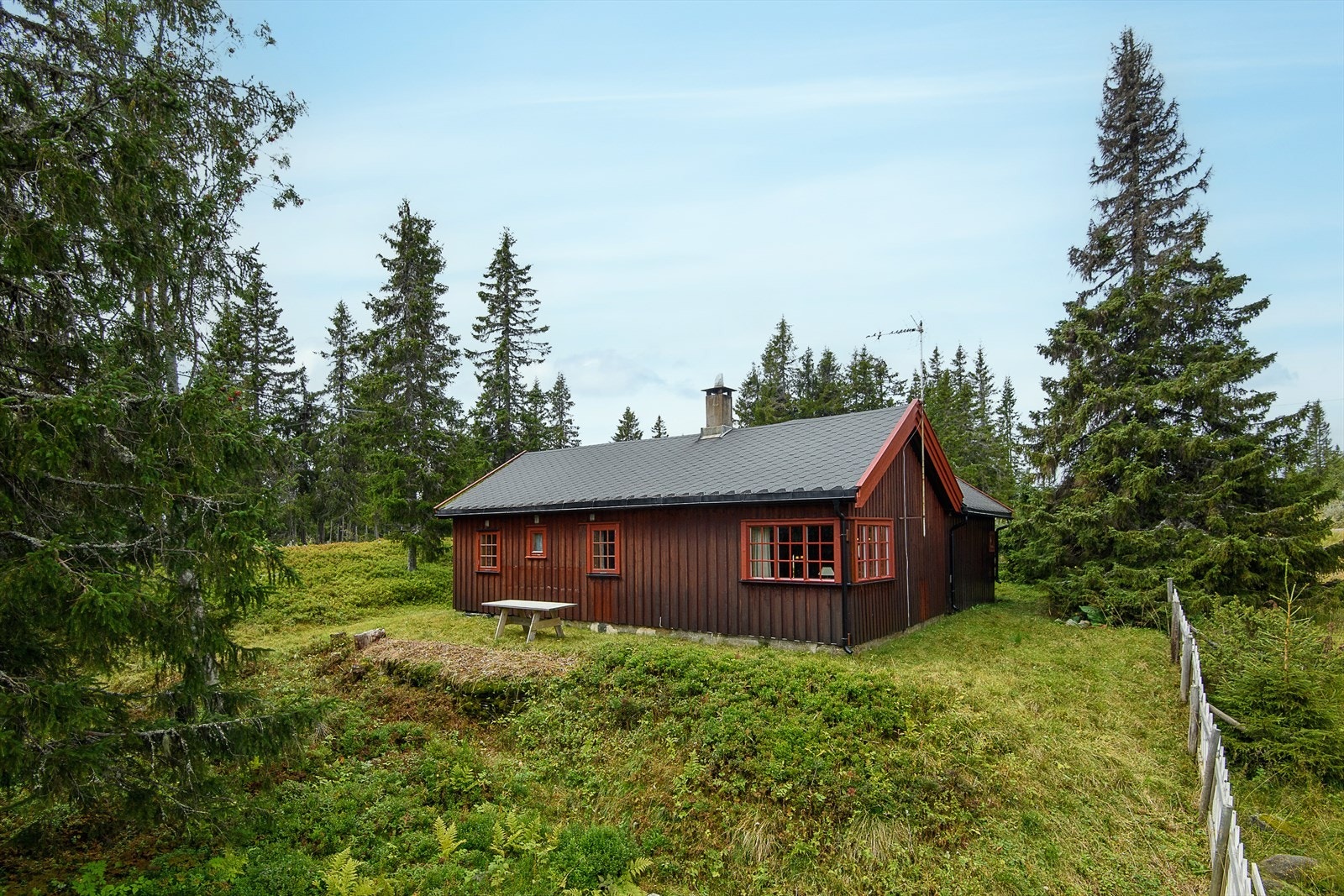 Tomten er delvis inngjerdet. Lett skrånende og kupert tomt. Galleribilde