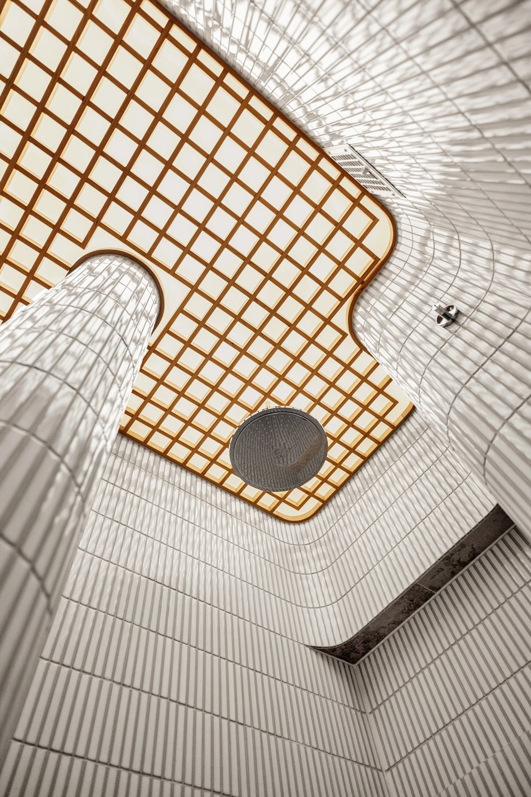 Belyst plexitak over ett flettverk av Douglasgran kombinert med buede vegger danner et mesterverk av håndtverk Galleribilde