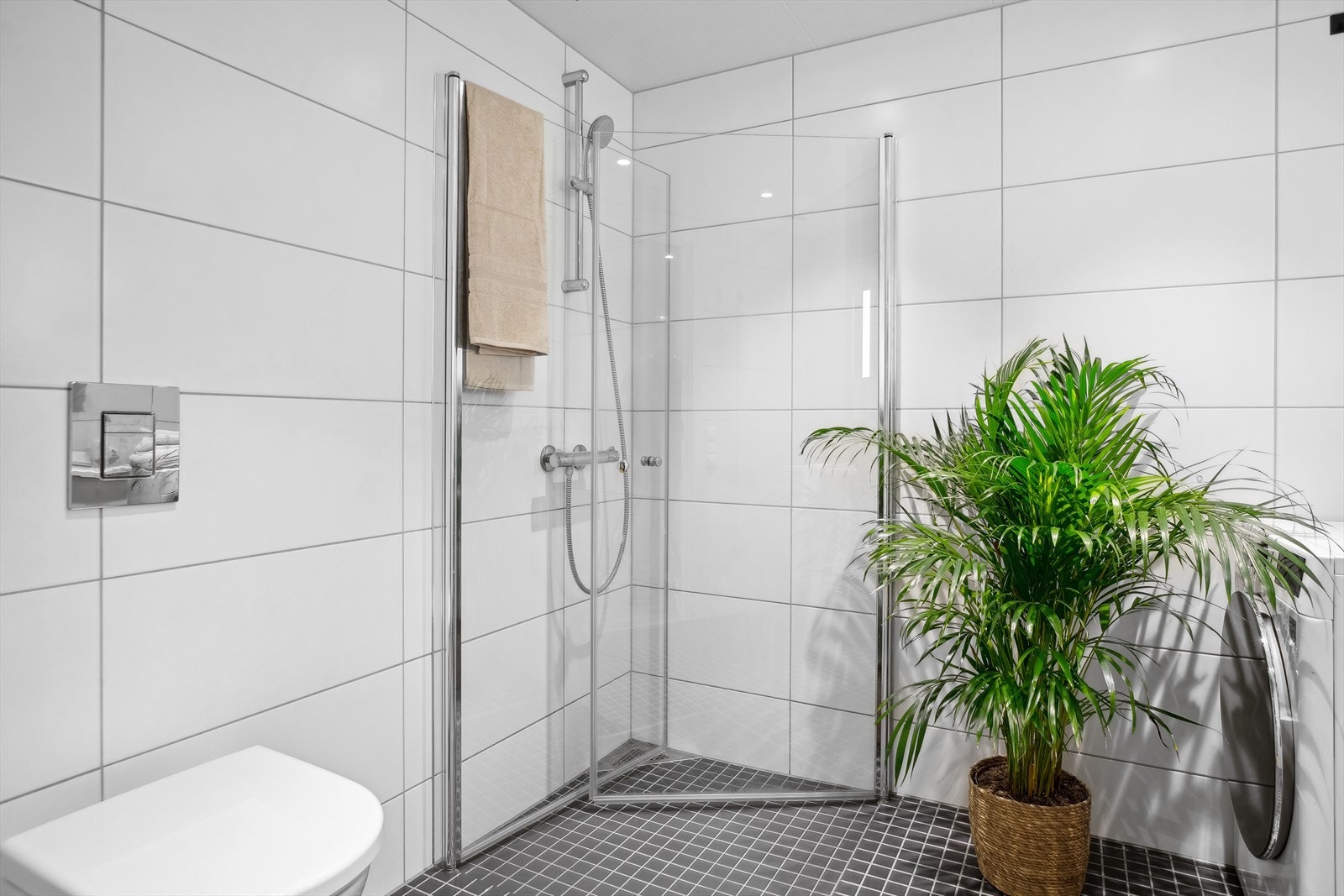 Badet har dusjvegger av glass, vegghengt toalett, innredning med servant samt opplegg for vaskemaskin. Galleribilde