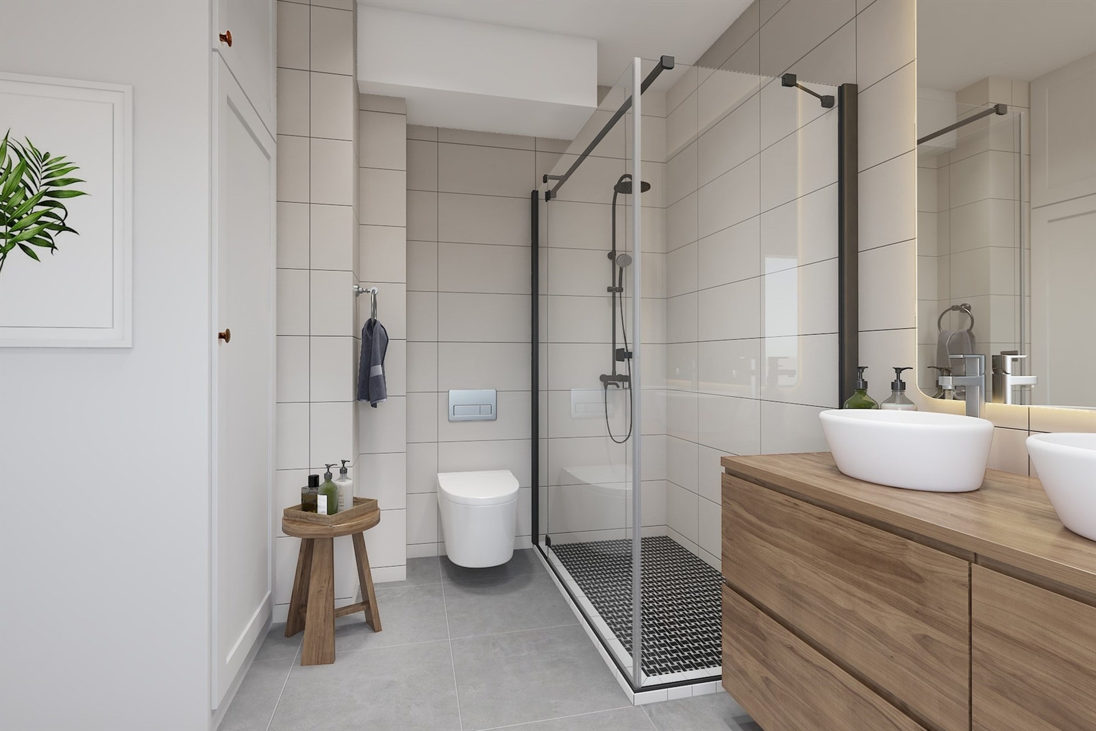 Bad med fin størrelse og opplegg for vaskemaskin - Digitalt oppusset bilde Galleribilde