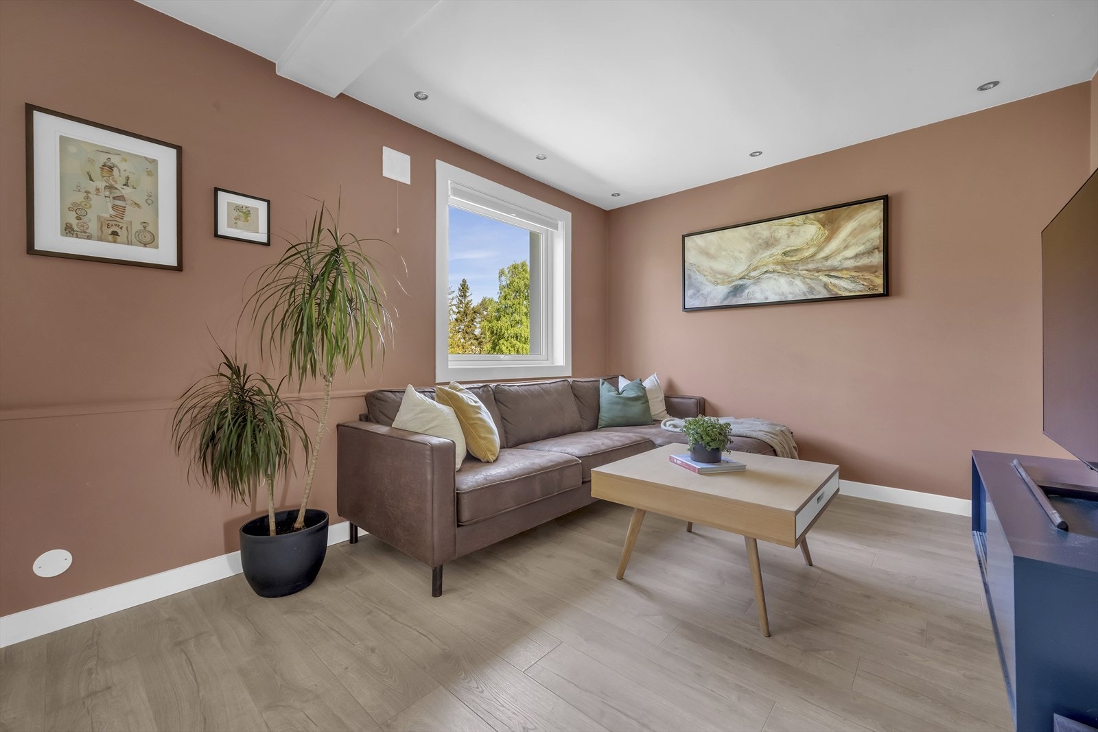 Den åpne løsningen gir god plass til sofagruppe, tv-seksjon og spisebord. Galleribilde