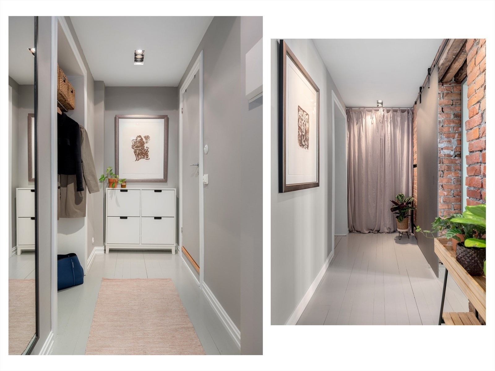 I gangarealene er det plass til flere garderobeskap og hylleløsninger. Legg merke til skyvedøren inn til hovedsoverommet som gir en kul kontrast til teglsteinsveggen. Galleribilde