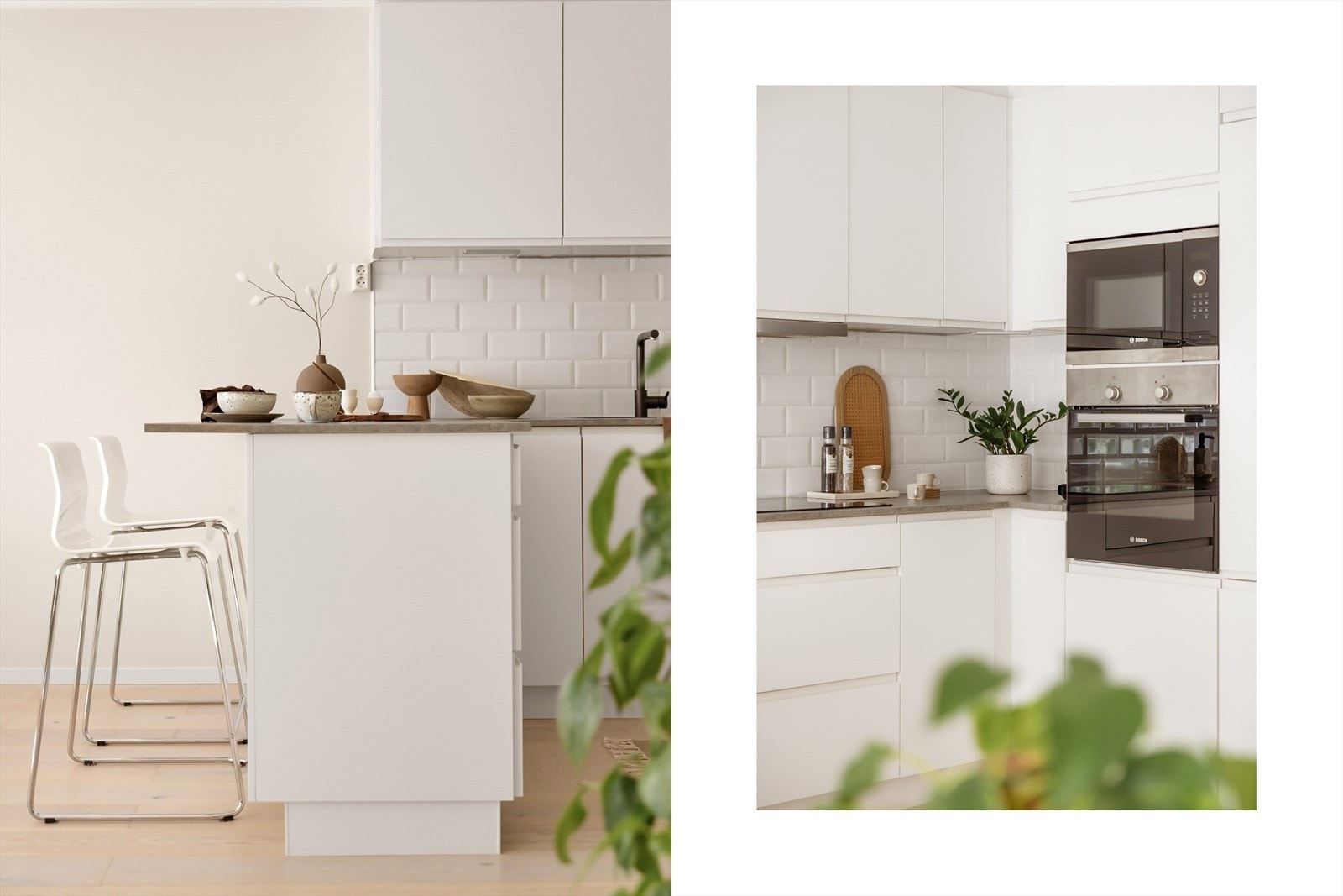 Integrerte hvitevarer er induksjonsplatetopp, stekeovn, mikrobølgeovn, oppvaskmaskin, kjøl og frys. Galleribilde