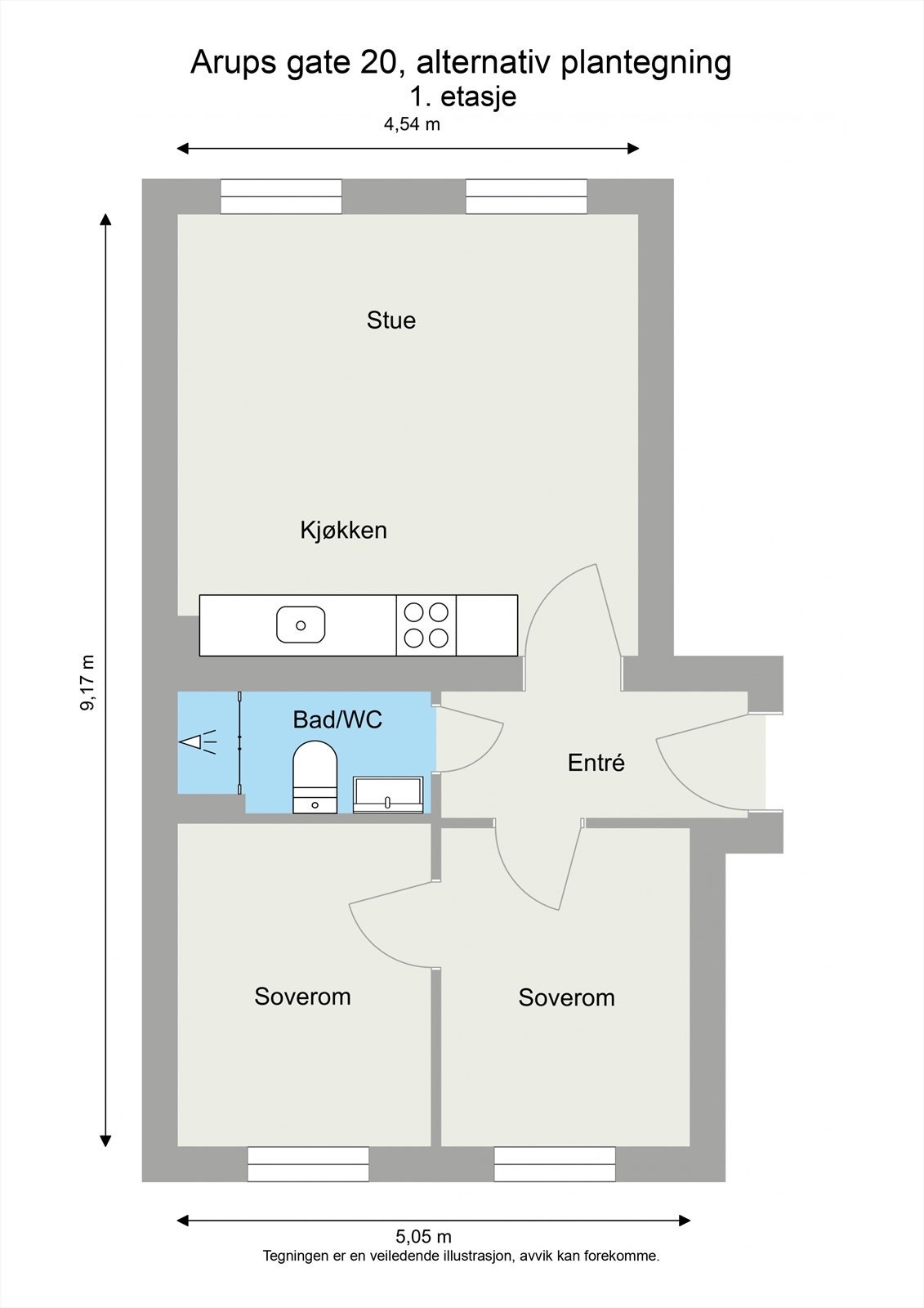 Alternativ planløsning med to soverom og åpen stue-/kjøkkenløsning. Dette er kun ment til inspirasjon, og må undersøkes nærmere med fagfolk. Det vil være gjennomgang fra et soverom til et annet, men kan passe fint som for eksempel kontor eller barnerom. Galleribilde
