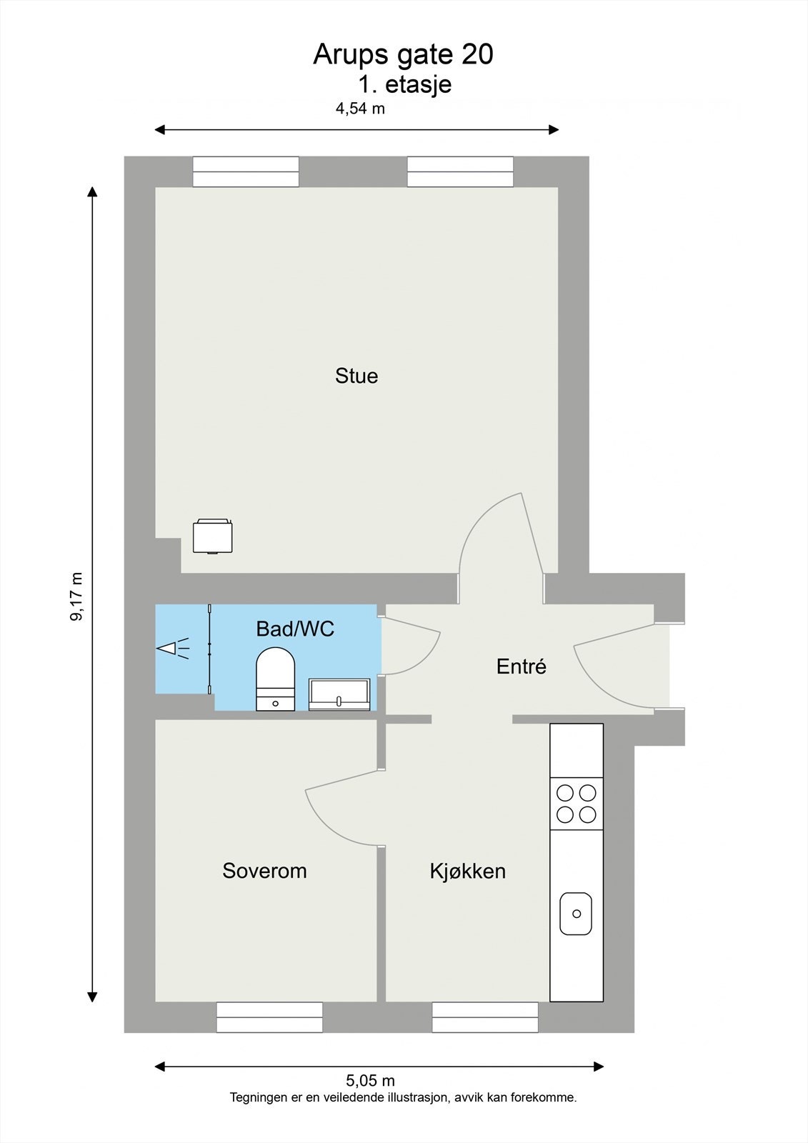 Gjennomgående planløsning med entré, bad, romslig stue og soverom og separat kjøkken vendt mot rolig bakgård. Galleribilde