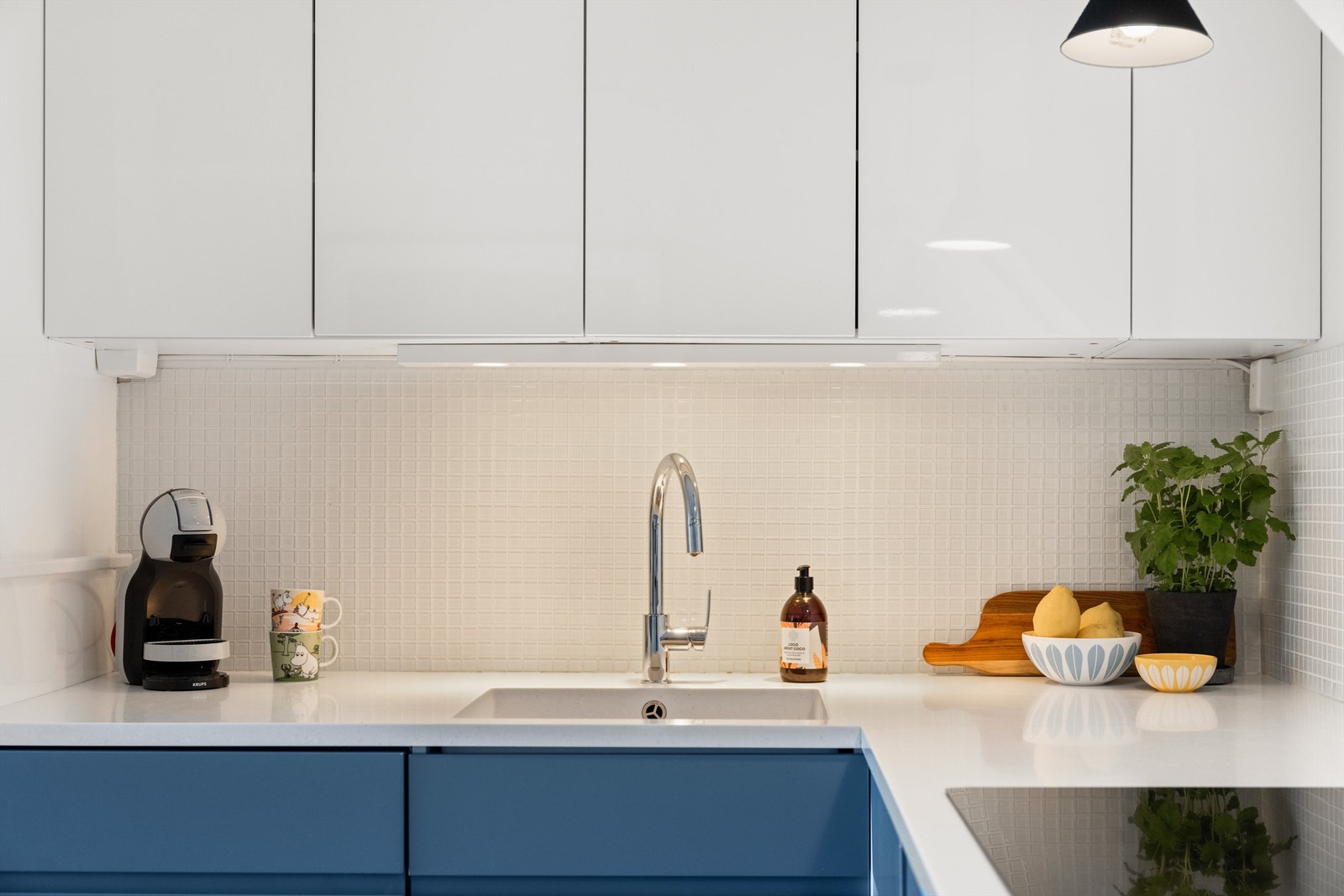 Kjøkkenet er innredet med integrert induksjonsplatetopp, stekeovn, mikrobølgeovn, oppvaskmaskin og kjøleskap med fryser Galleribilde