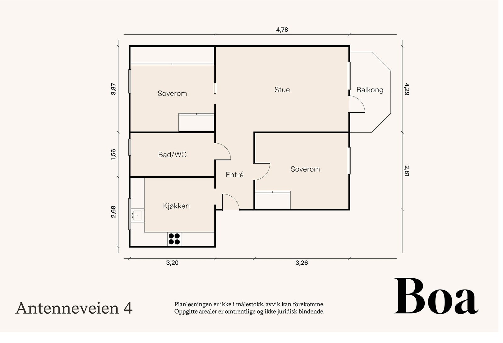 En loftsbod med gulvareal på 19kvm., skråtak. To kjellerboder, begge på 3,7kvm og en m/hyller. Galleribilde