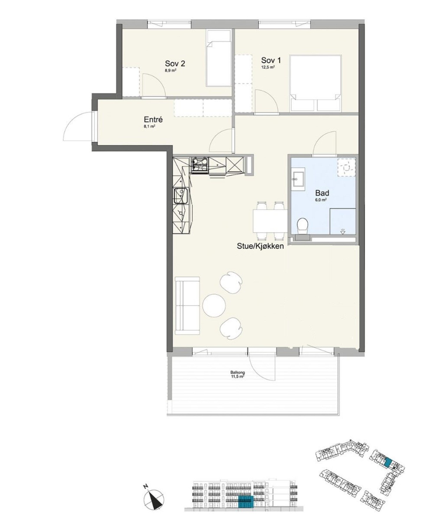 Alternativ planløsning - Her kan man slå ned veggen på soverom 3 for å få en større stue. Stue/kjøkken blir da på ca. 40,4 kvm. Galleribilde