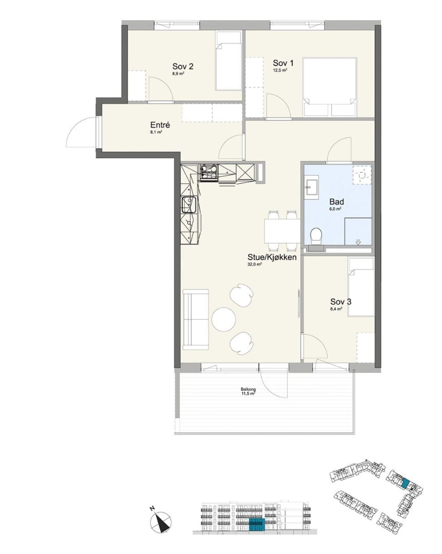 Plantegning - Leiligheten er stipulert til 79,2 kvm. Galleribilde